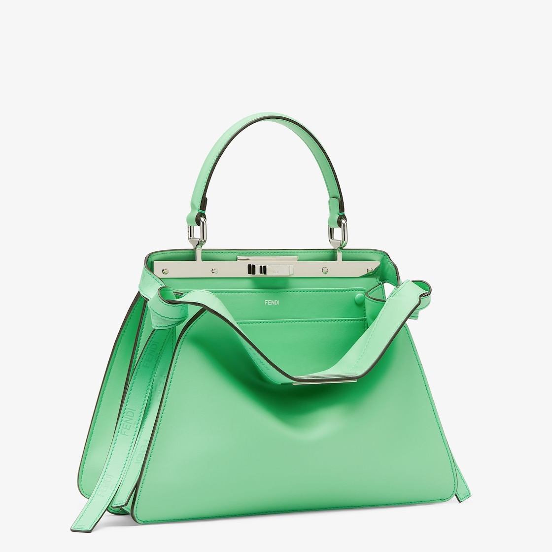 Iconic medium Peekaboo ISeeU bag, made of green leather with long knotted side laces, printed with a - 4