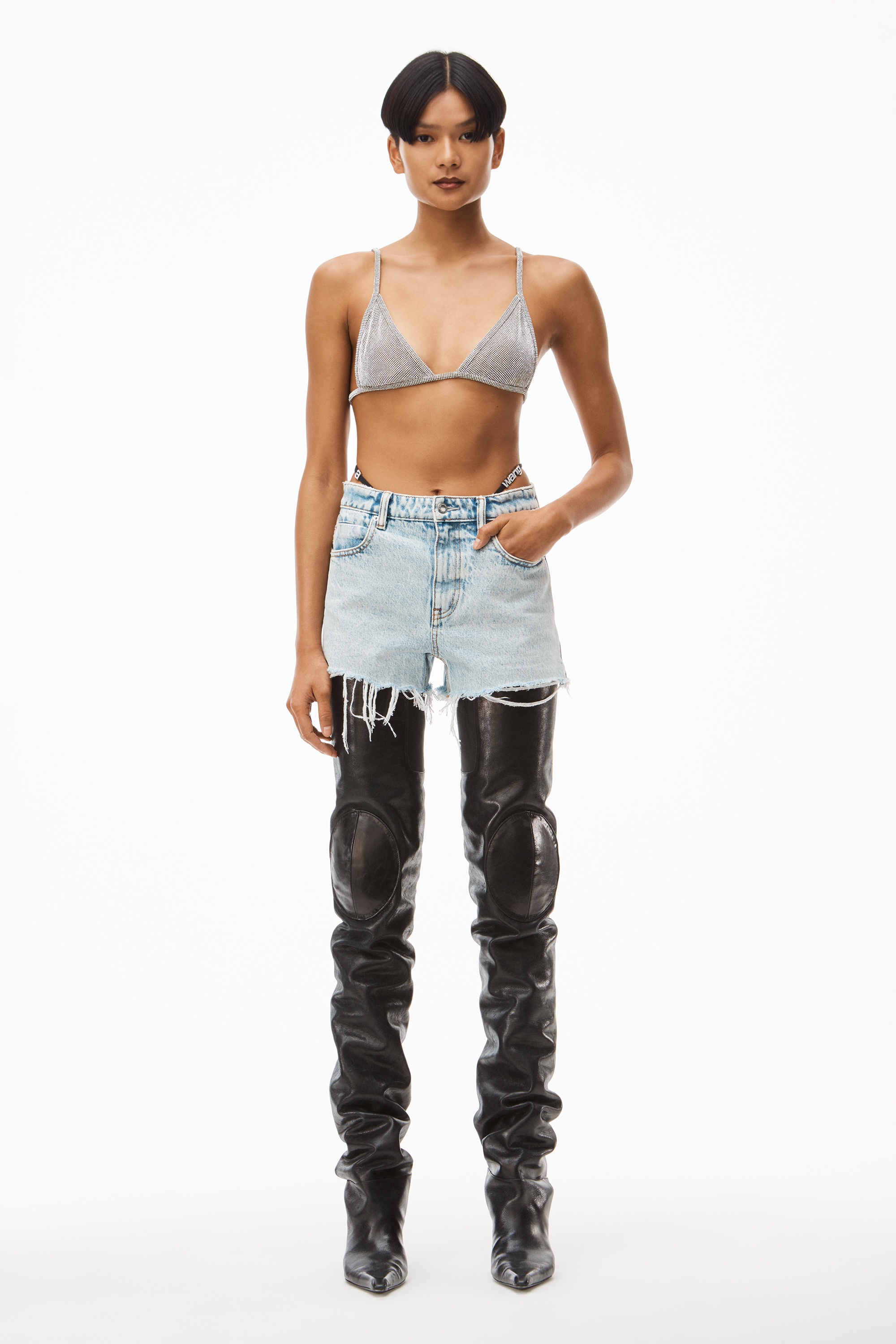 DIAMANTE LOGO STRAP LAYER SHORT IN DENIM - 2