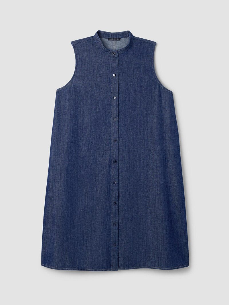 Lightweight Organic Cotton Denim Band Collar Dress 1