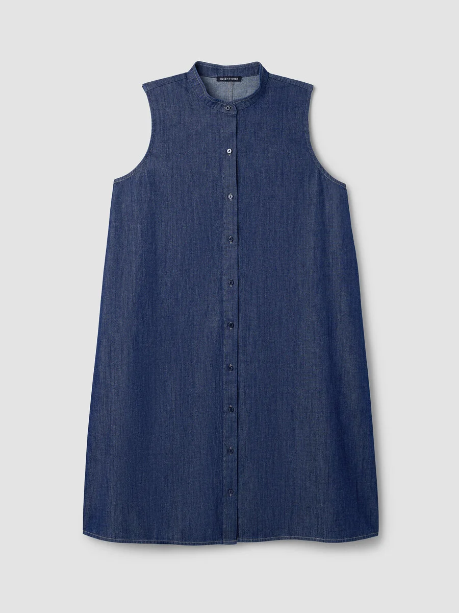 Lightweight Organic Cotton Denim Band Collar Dress - 1
