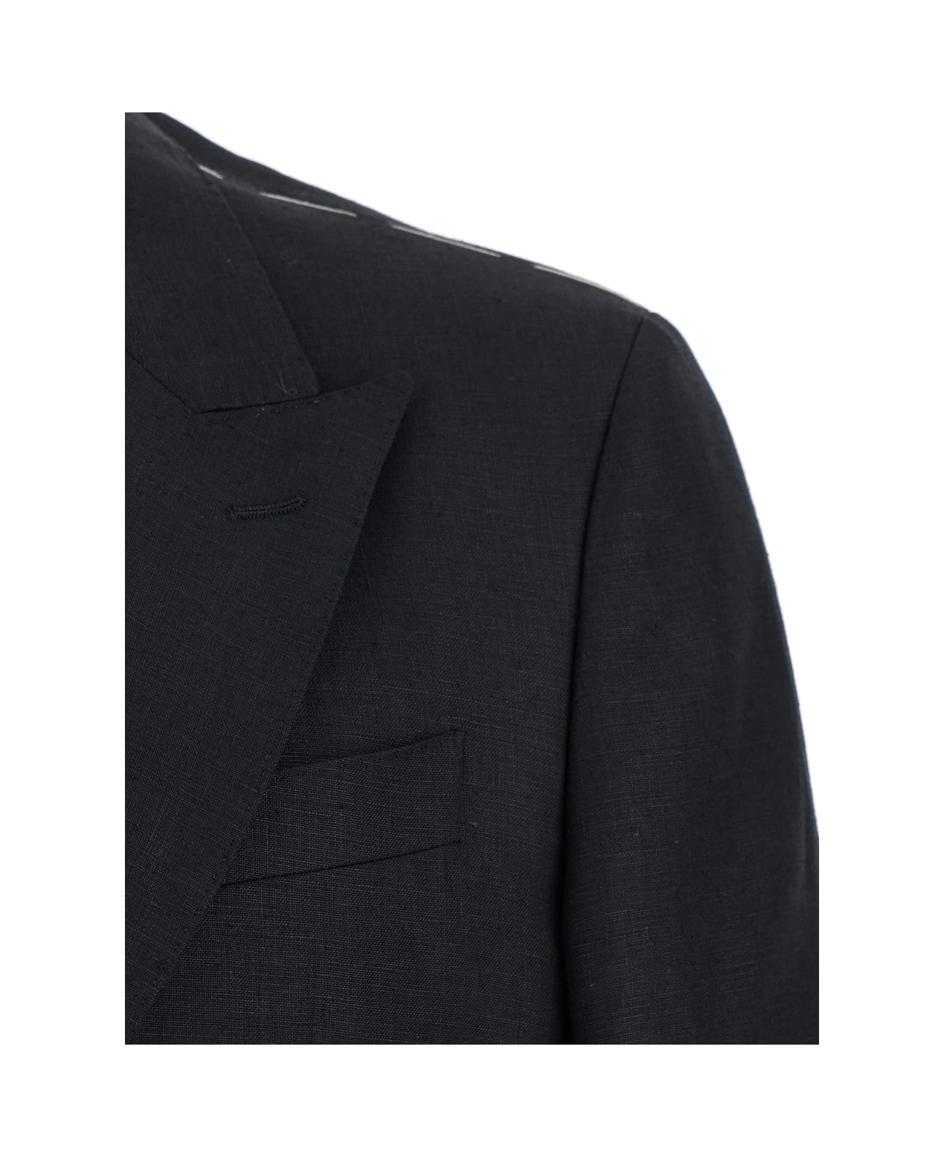 Black Double-breasted Jacket With Peak Revers In Linen Man - 3