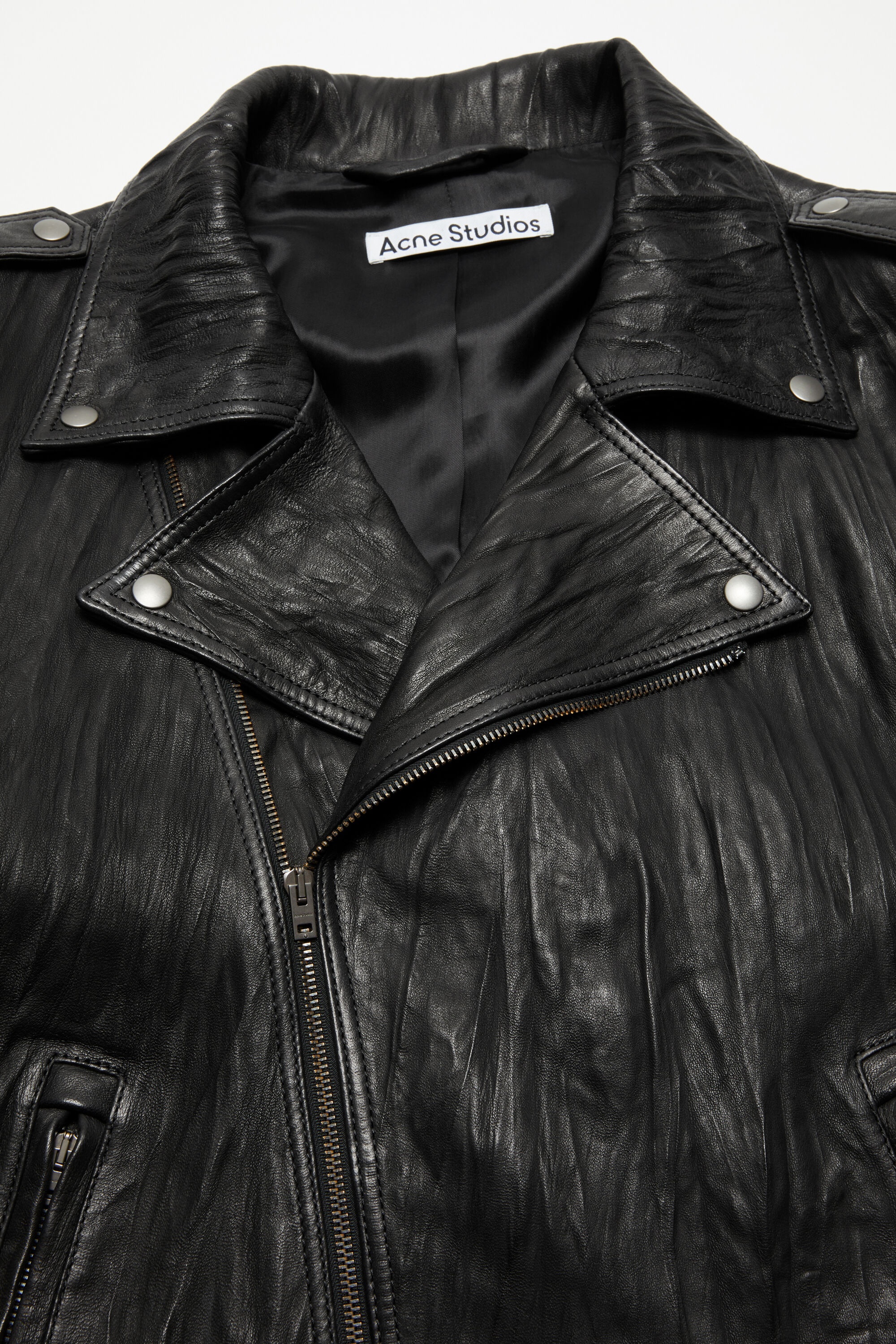 Crinkled leather biker jacket - Black - 6