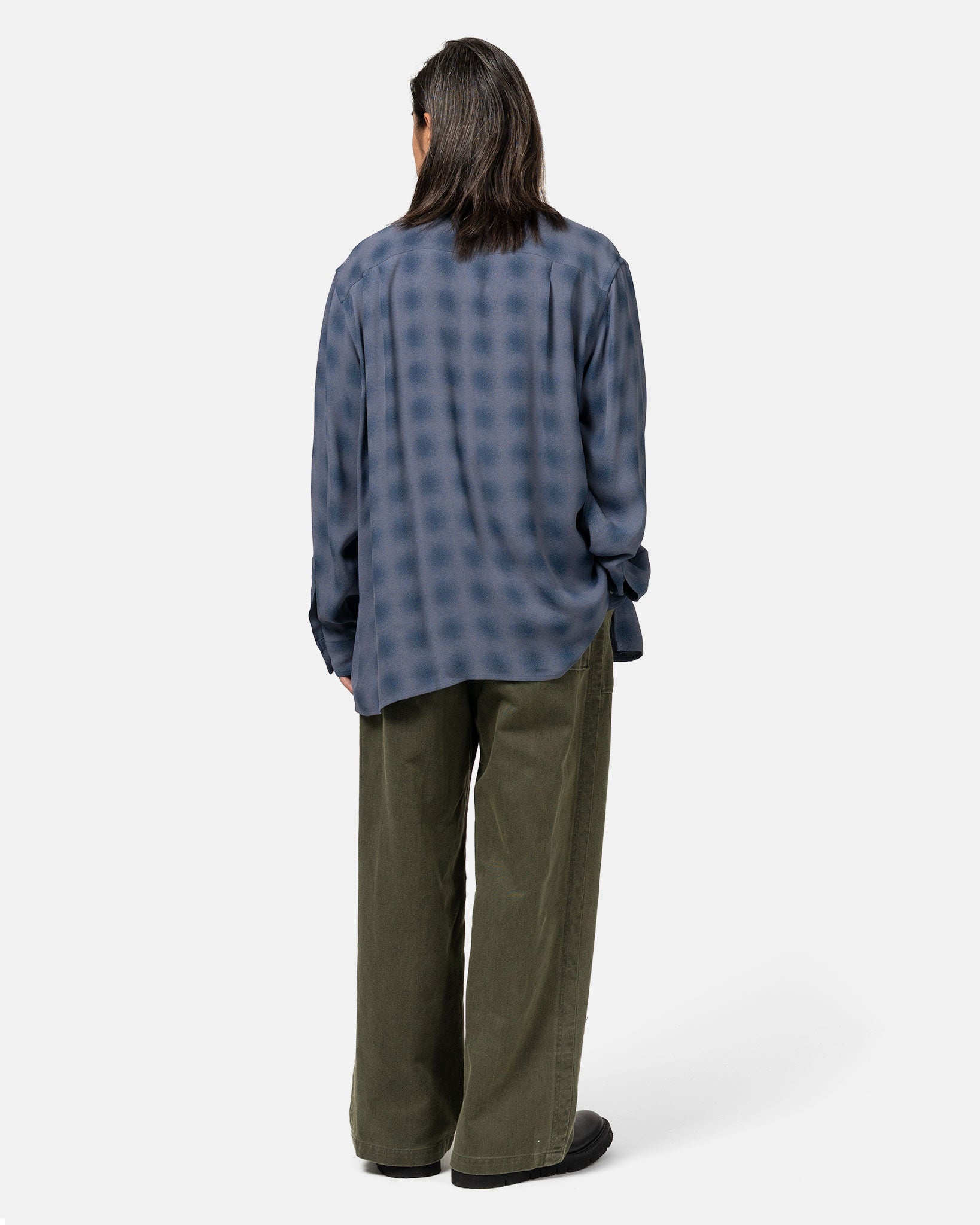 YOKE Blurred Ombre Plaid Open Collar Shirt Navy | REVERSIBLE