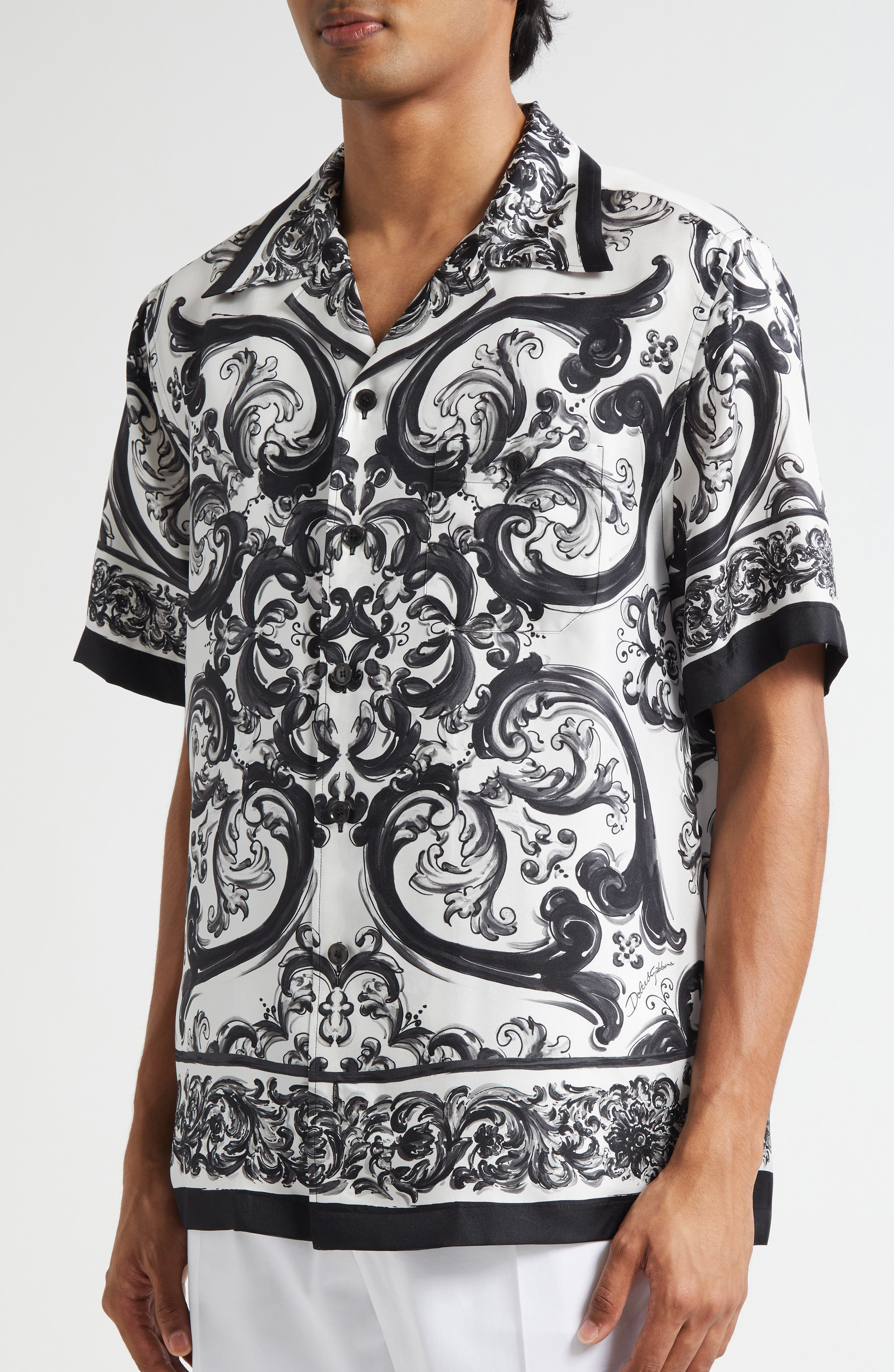 Dolce&Gabbana Majolica Print Silk Twill Camp Shirt in Hx5Dq Maiolica 3L Nero at Nordstrom - 5