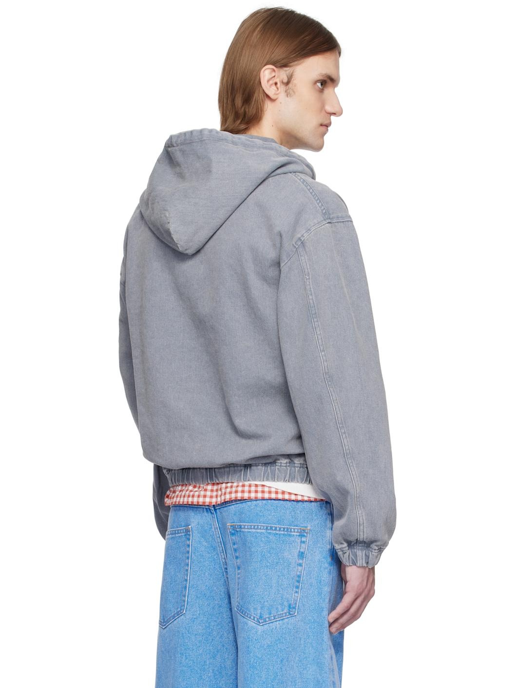 Gray Washed Effect Hooded Denim Jacket - 3