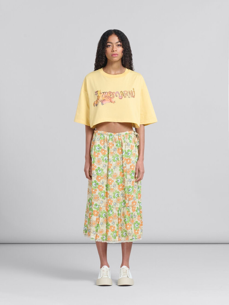 ORANGE AND GREEN PRINTED LINEN SKIRT WITH FLOUNCE 1