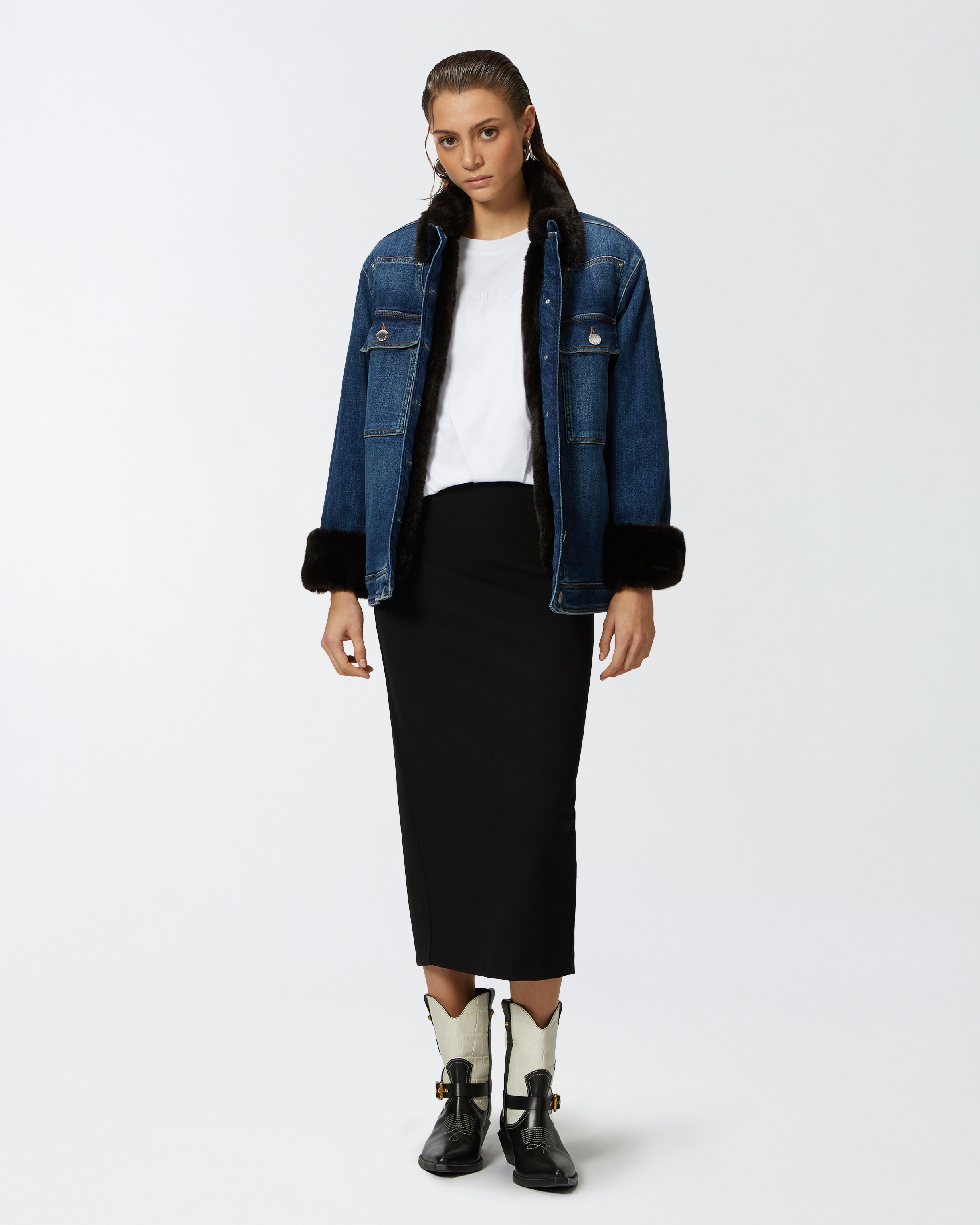 BLUE DENIM OVERSHIRT JACKET WITH FUR-EFFECT COLLAR - 2