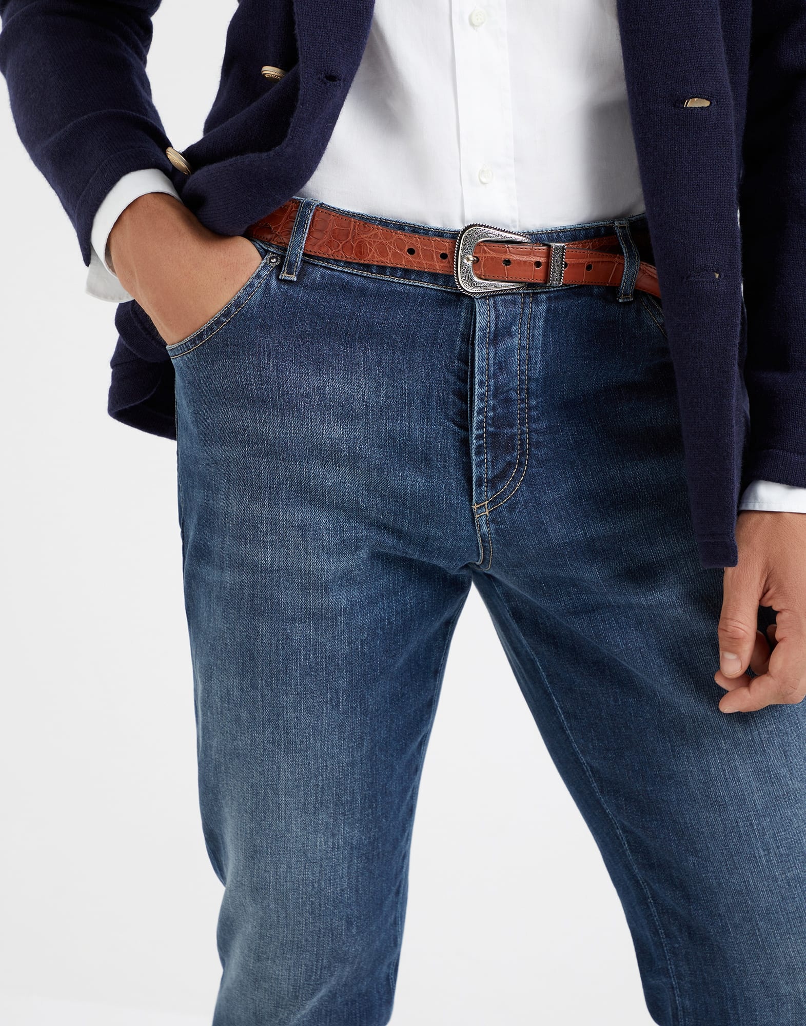Comfort cotton denim slim fit five-pocket trousers - 3