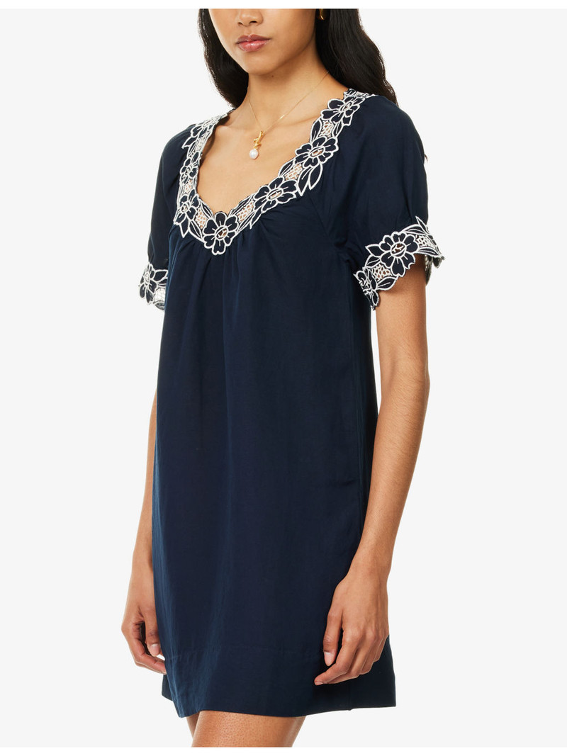 Cristina Floral-Embroidered Linen-Blend Mini Dress 3