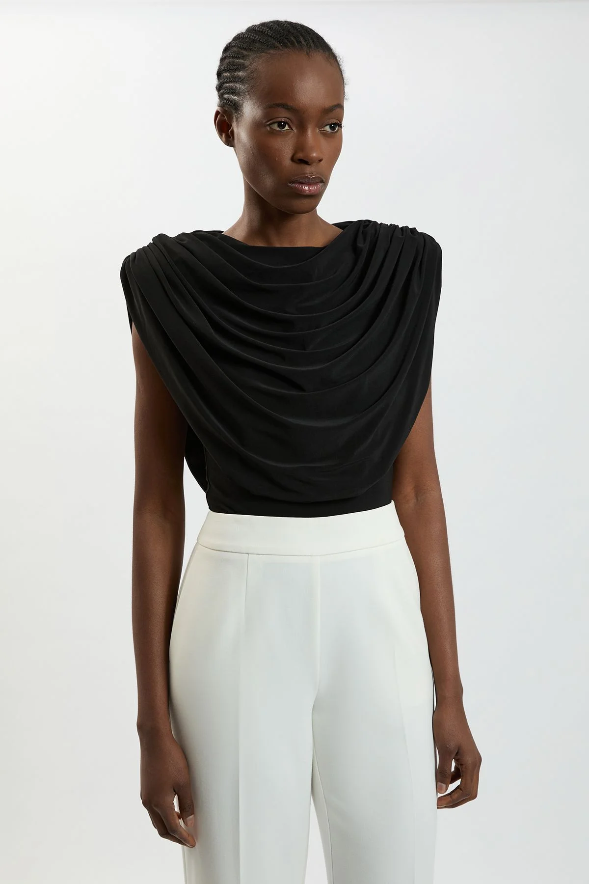 Cowl Neck Strong Shoulder Jersey Bodysuit - 1