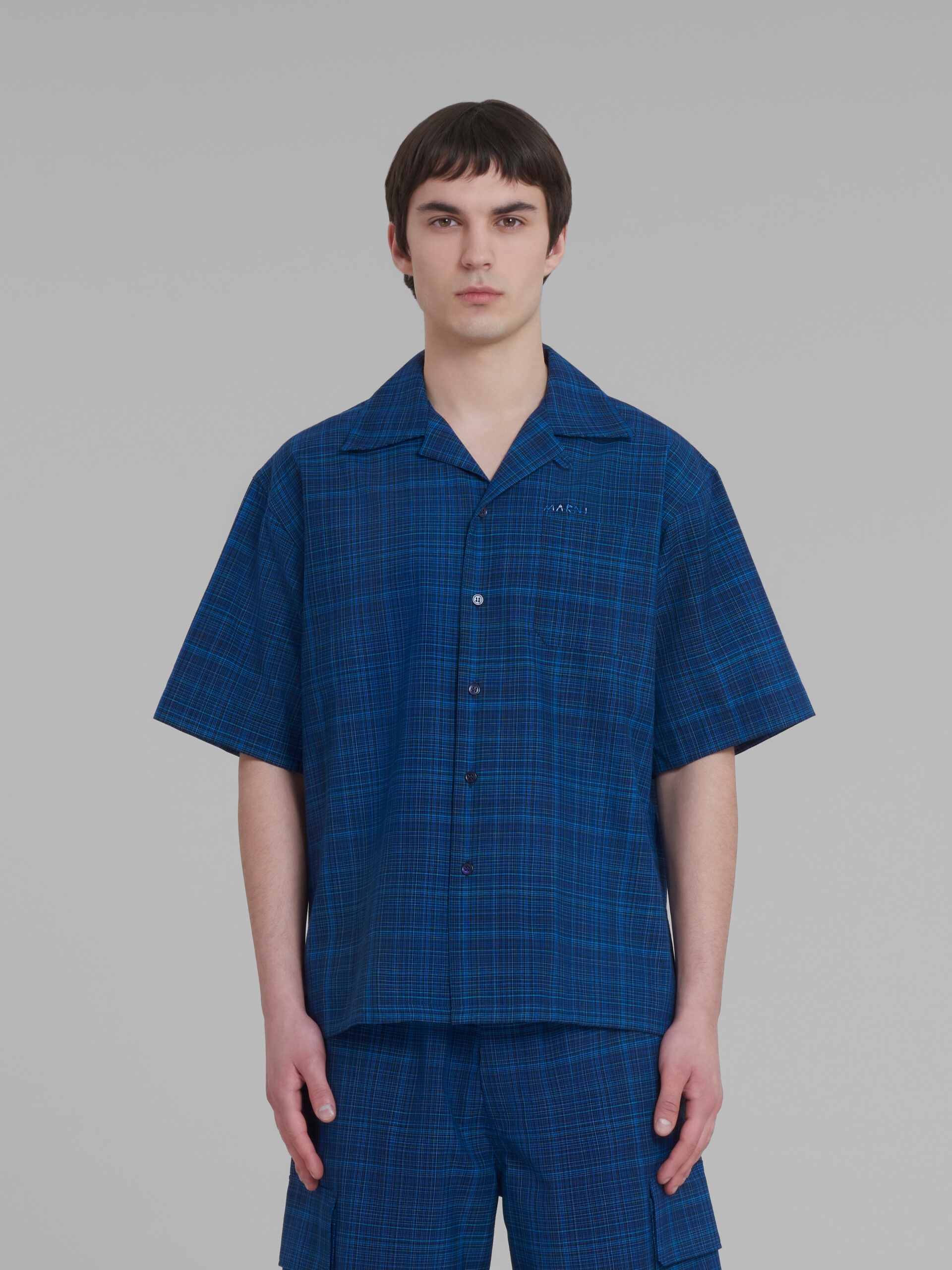 BLUE BOWLING SHIRT IN CHECKED LIGHT WOOL - 2