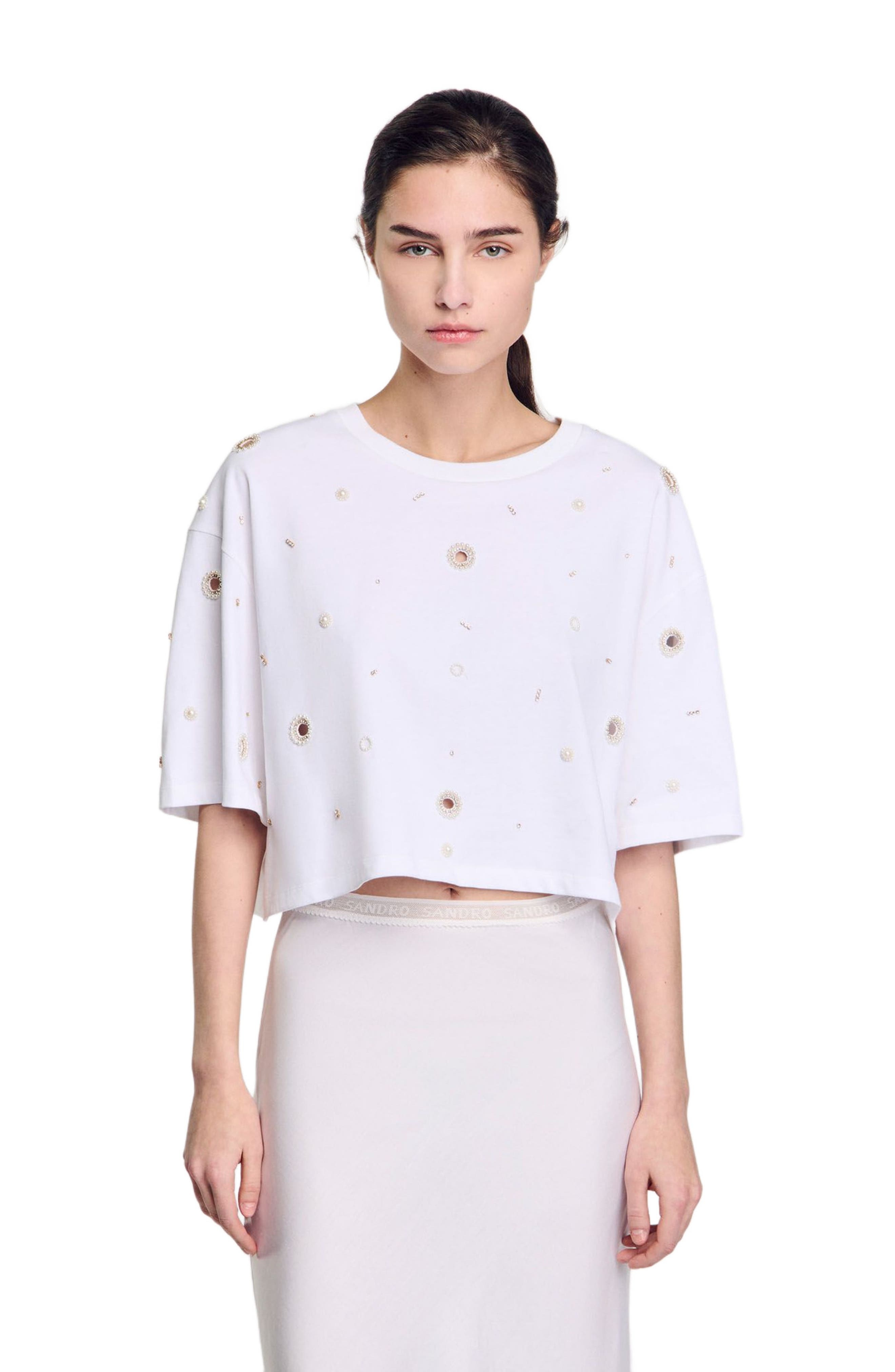 SANDRO Cropped pearl bead T-shirt in White at Nordstrom - 3
