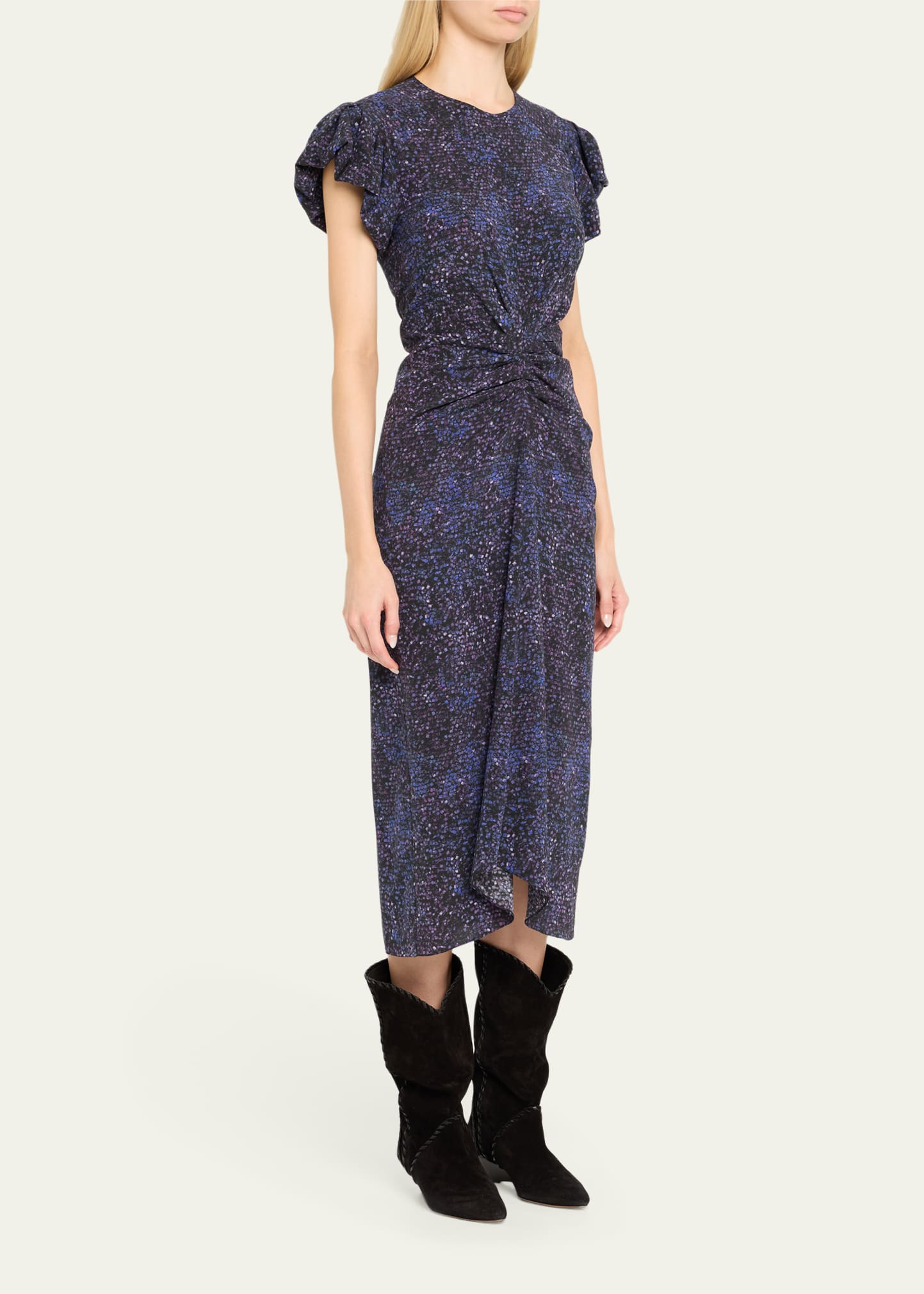 Terena Mosaic Stretch Silk Puff-Sleeve Midi Dress - 4
