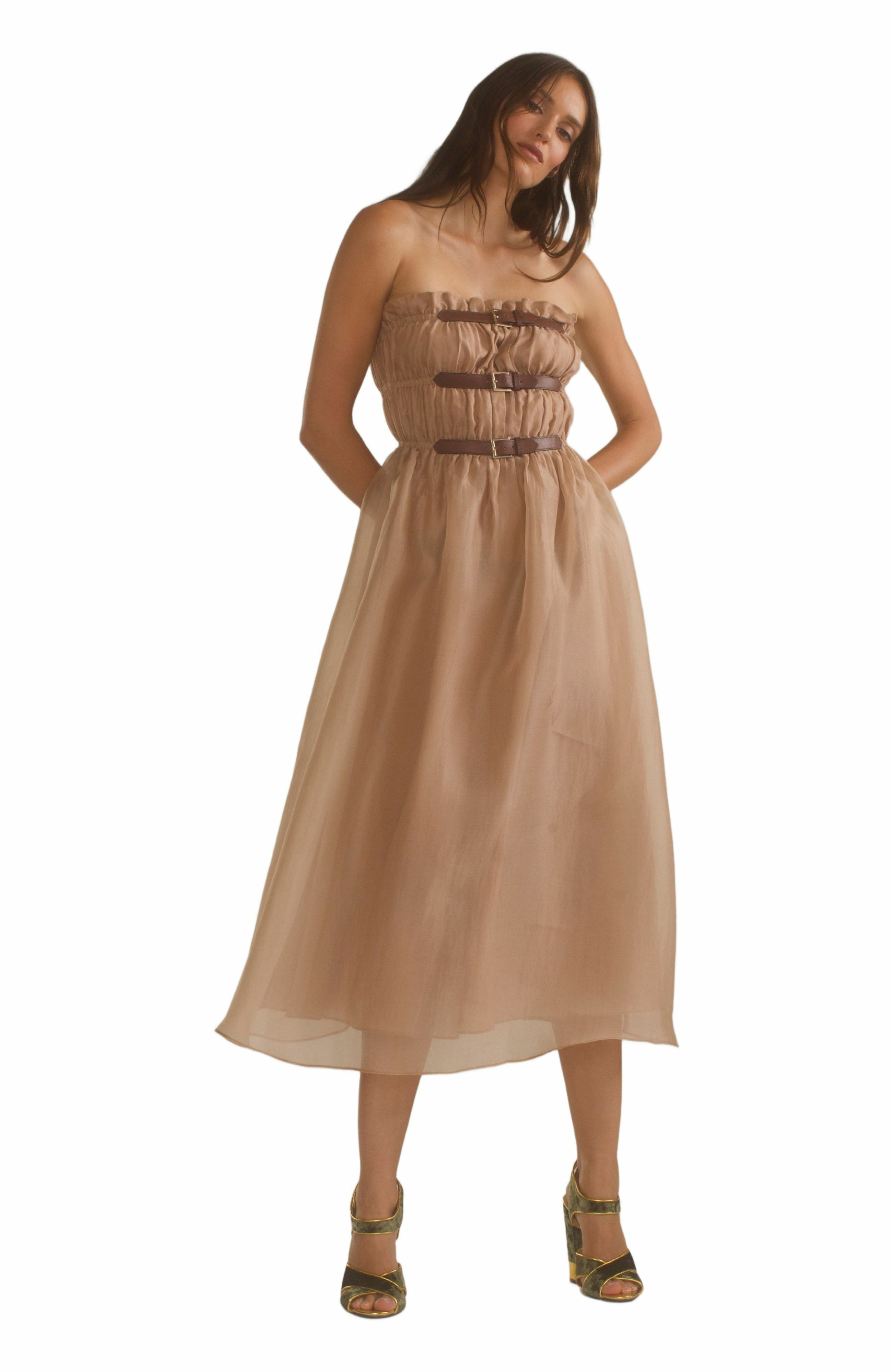 Cynthia Rowley Buckle Up Silk Organza Dress in Camel at Nordstrom - 1