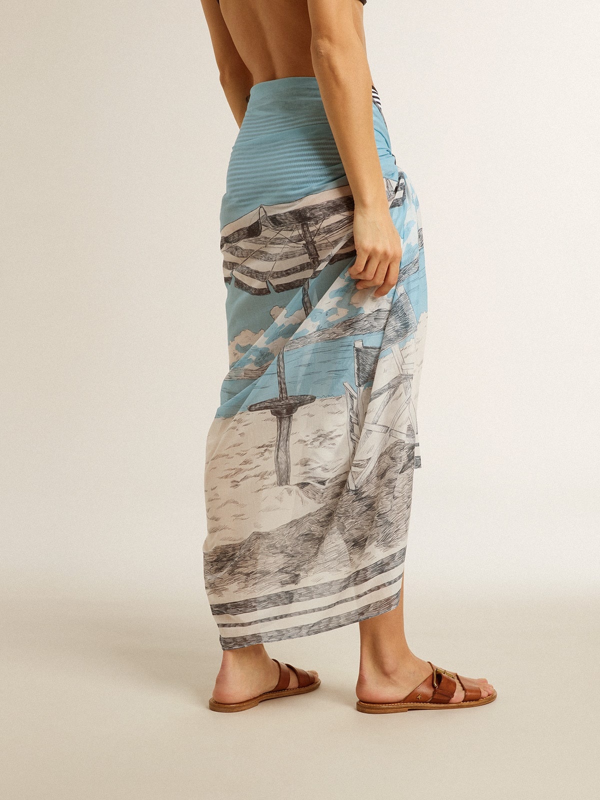 Sarong in cotton voile with all-over cream and light blue print - 4