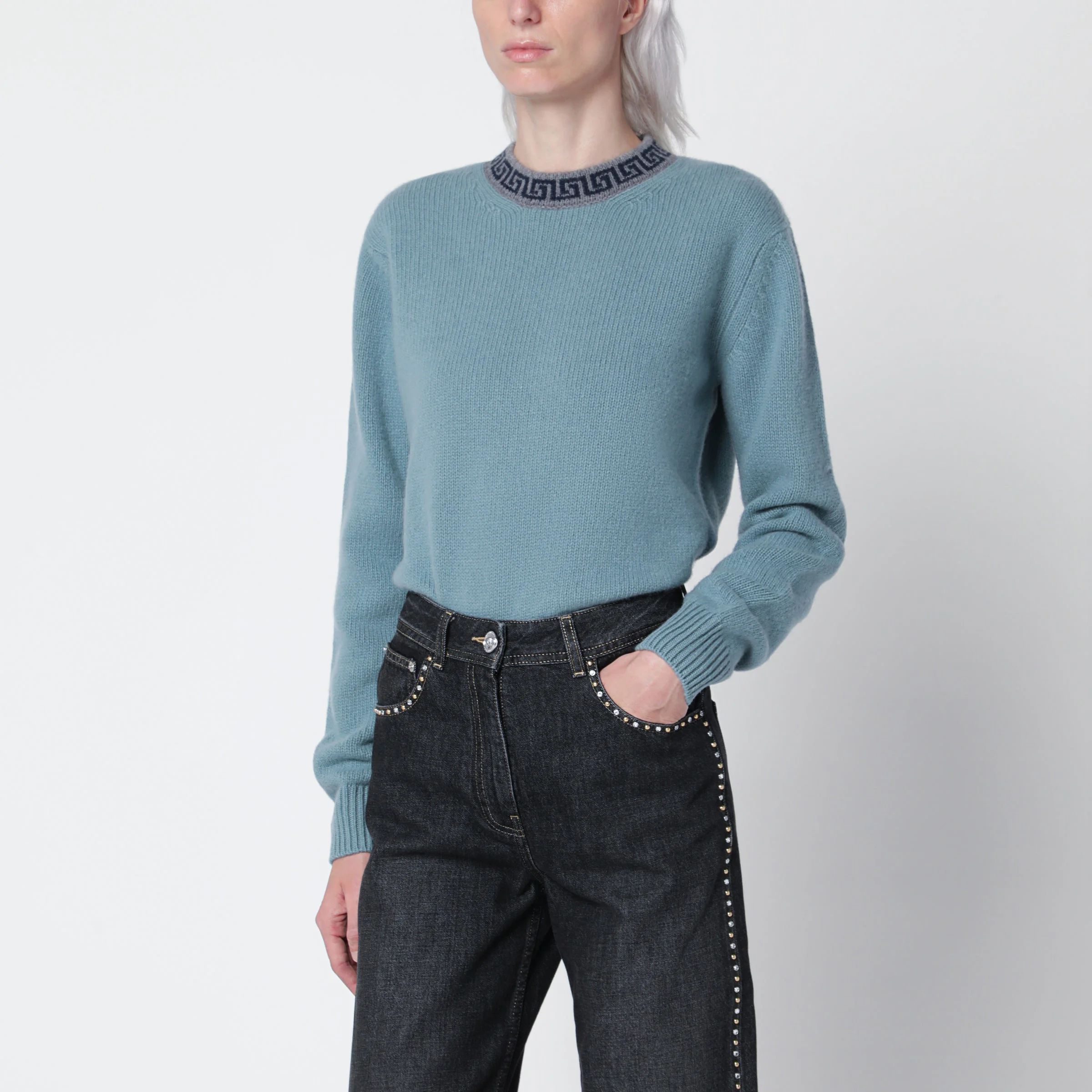 Light blue wool and cashmere crewneck sweater - 1