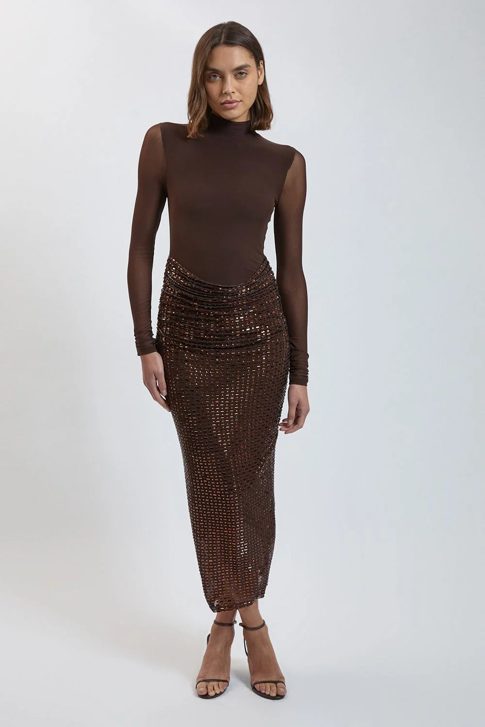 Petite Premium Crystal Embellished Jersey Cowl Skirt Detail Maxi Dress With Mesh Body - 1