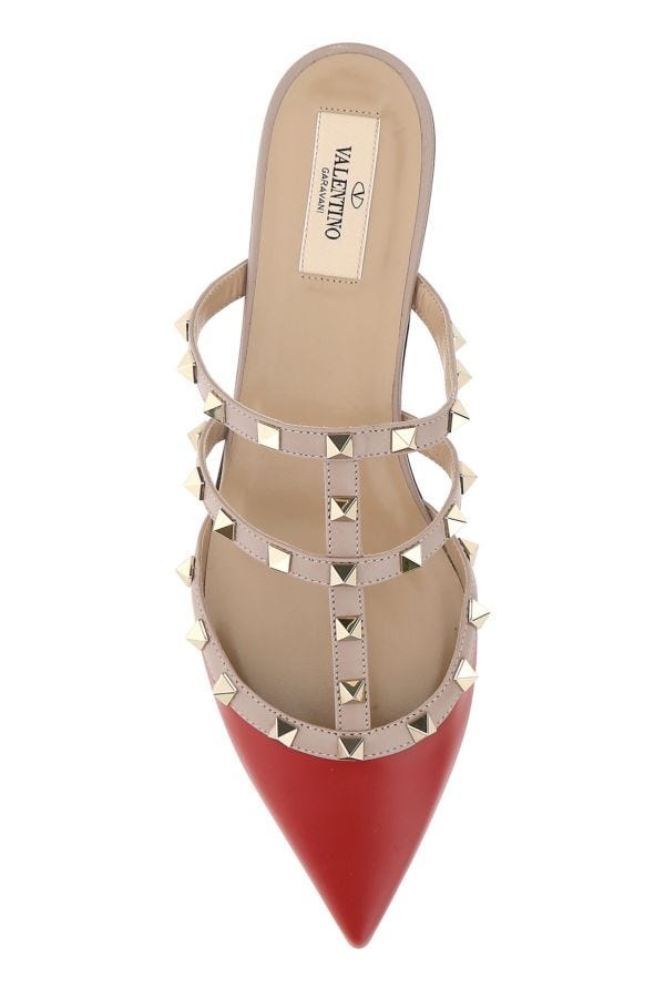 Red leather Rockstud slippers - 4