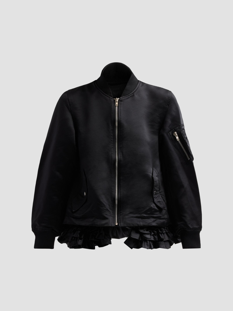 Women's Satin Ruffle-Trimmed Bomber Jacket - Black 1
