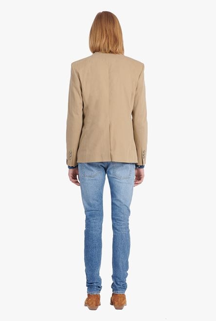 Dark sand-colored cotton blazer with embroidered Balmain badge and double-breasted silver-tone butto - 3