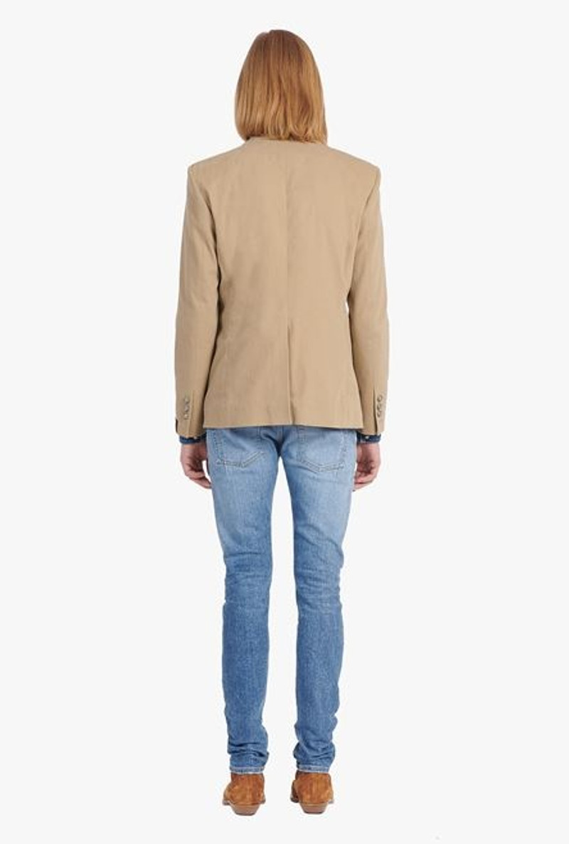 Dark sand-colored cotton blazer with embroidered Balmain badge and double-breasted silver-tone butto 3