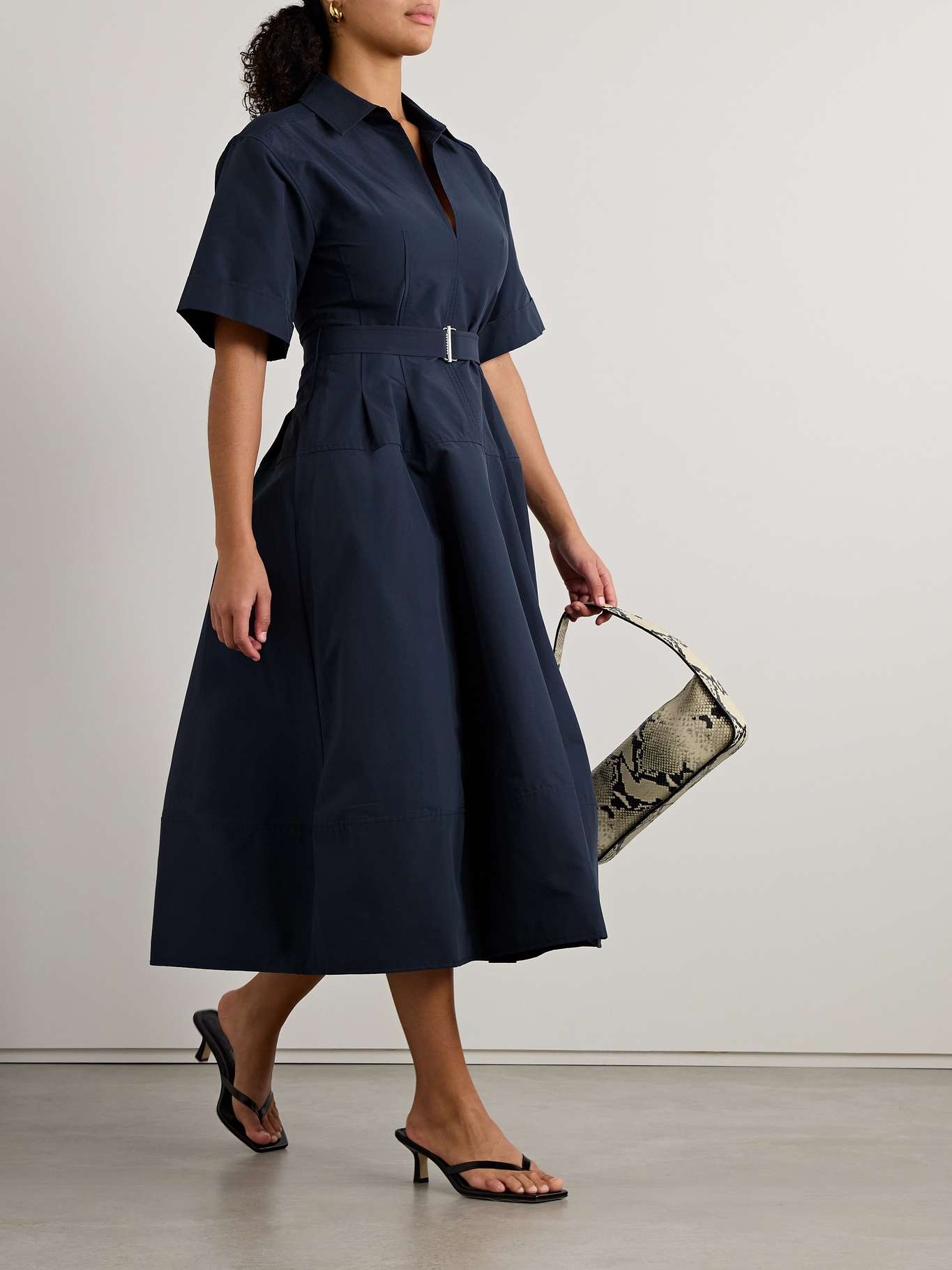 Deanna belted cotton-blend faille midi shirt dress Navy - 2