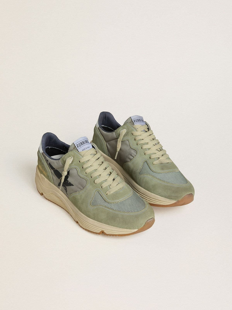 Golden Goose Men's Running Sole in sage-green nylon and suede with printed black star outlook