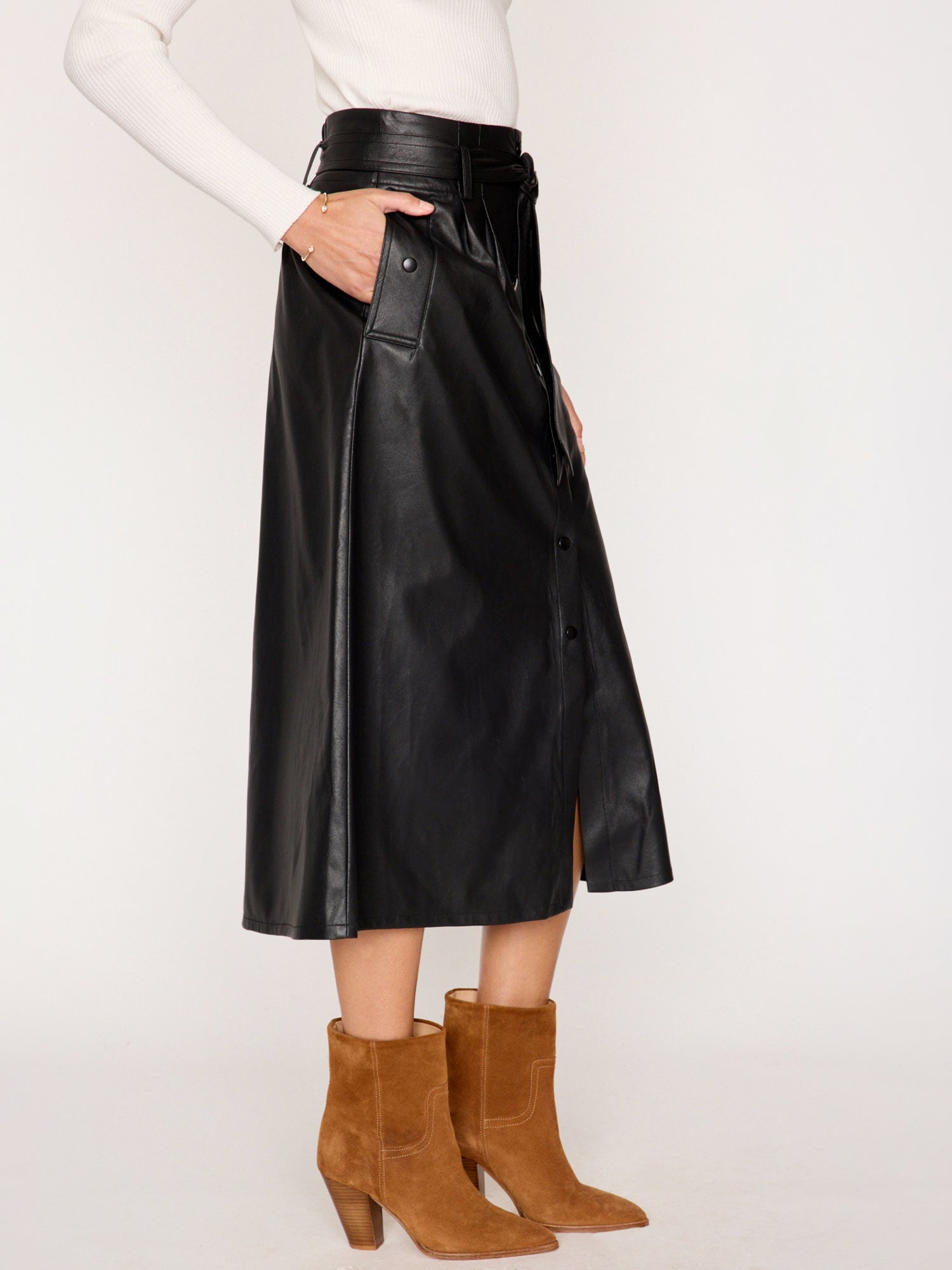 The Teagan Vegan Leather Belted Skirt - 3