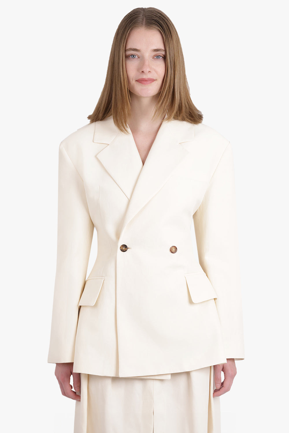 DOUBLE BREASTED CUTOUT TIE DETAIL JACKET | ECRU - 2