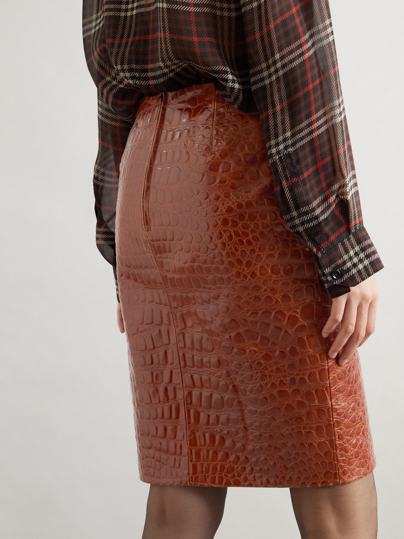 Croc-effect leather skirt Brown - 3