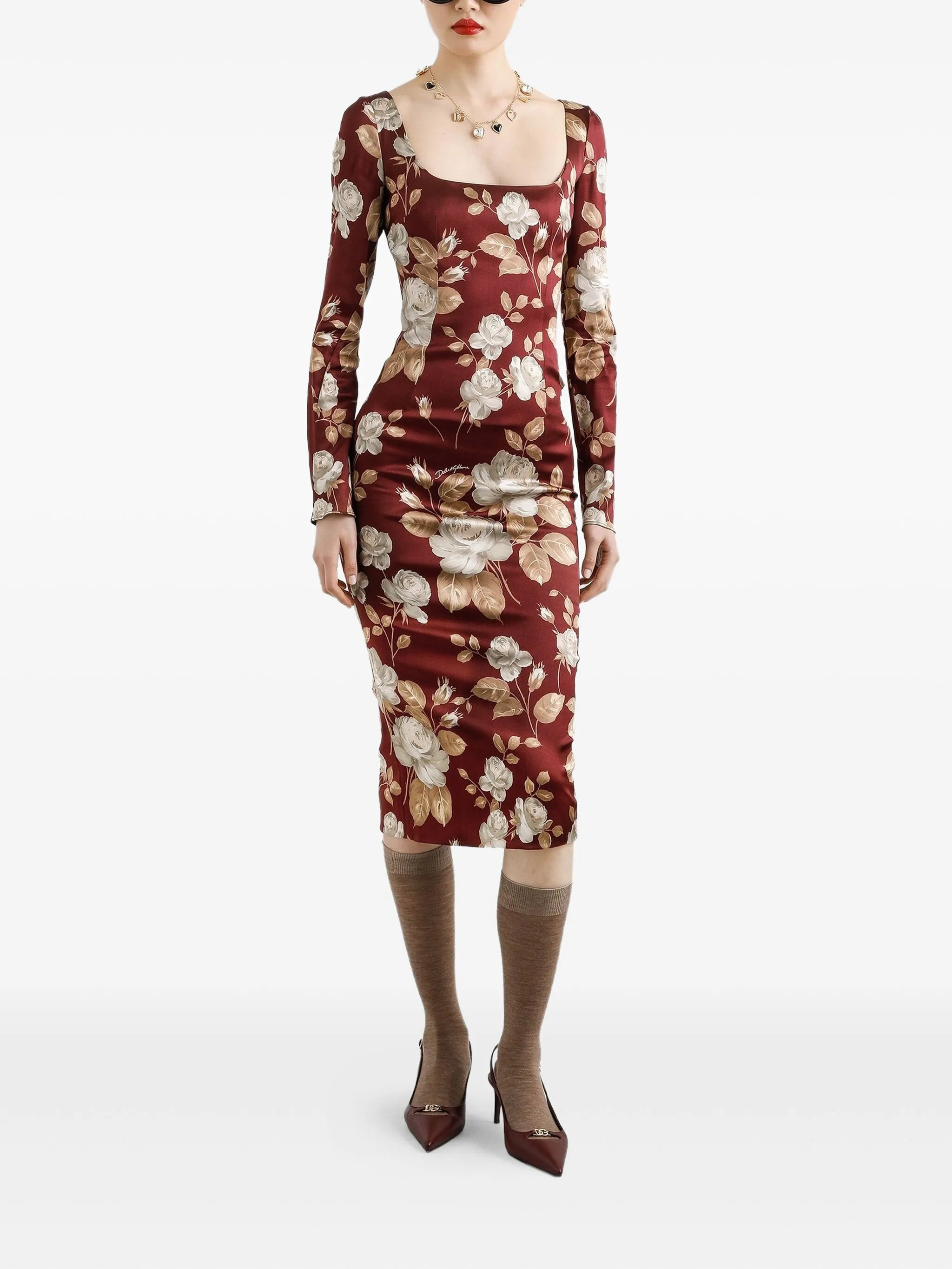 Dolce & Gabbana Rose-print Square-neck Midi Dress - 3