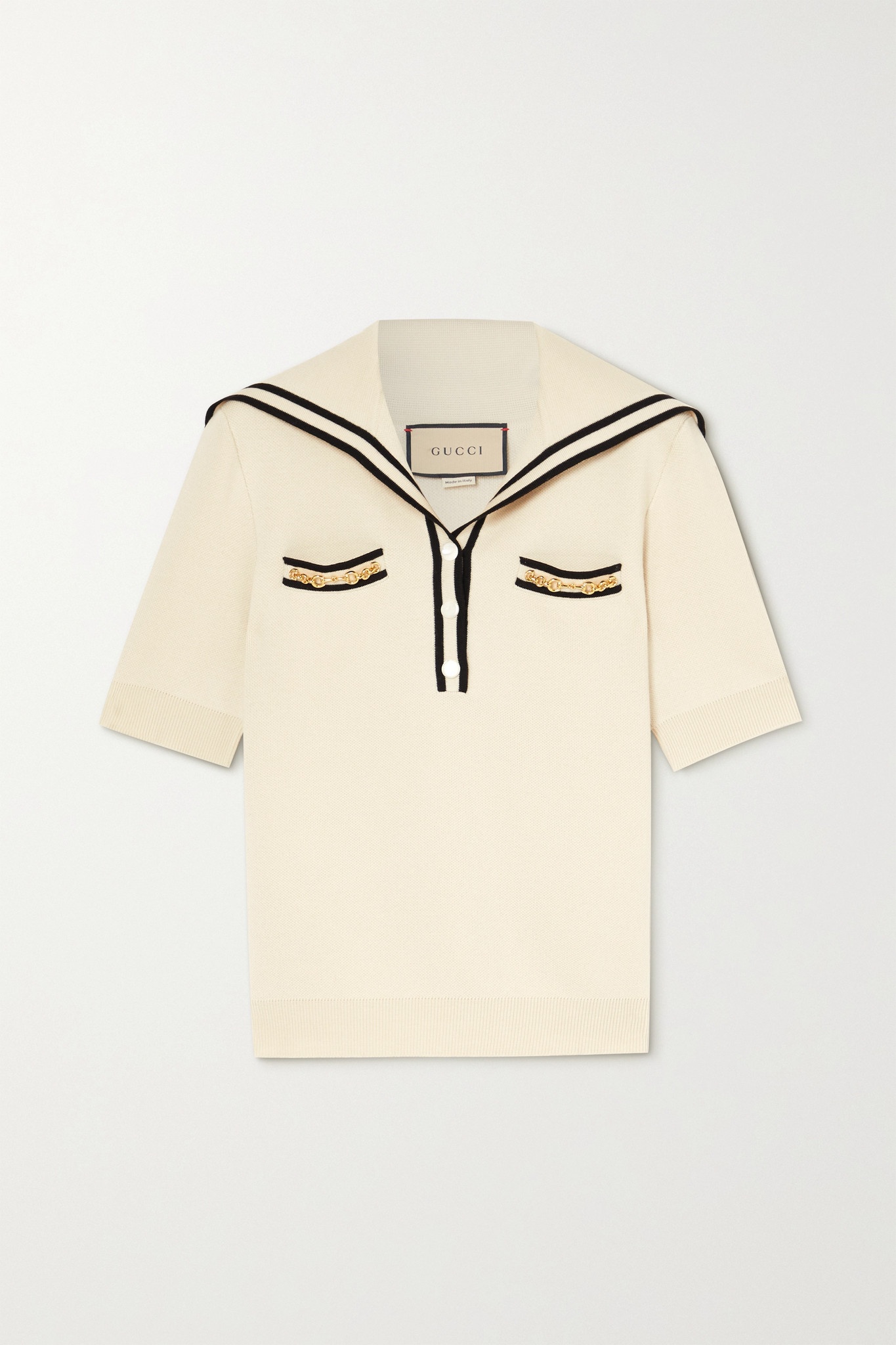 Embellished striped wool-piqué polo shirt - 1