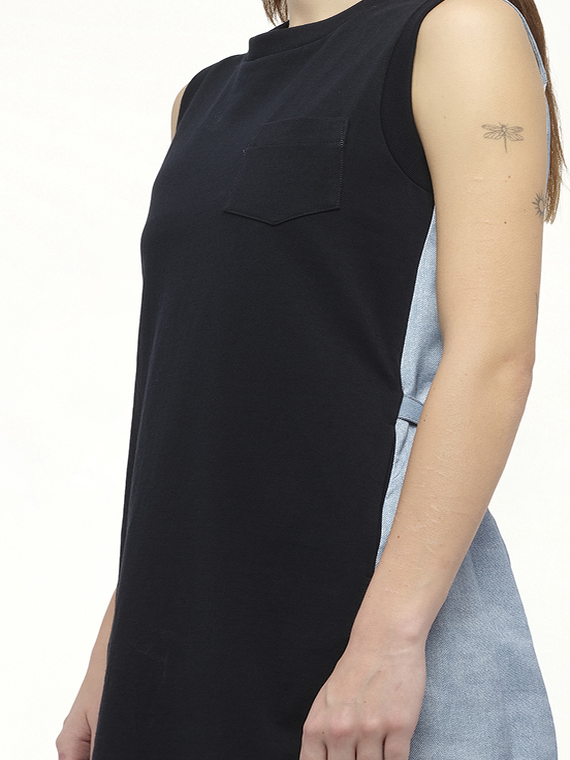 Denim x Cotton Jersey Dress in Navy/Light Blue - 3