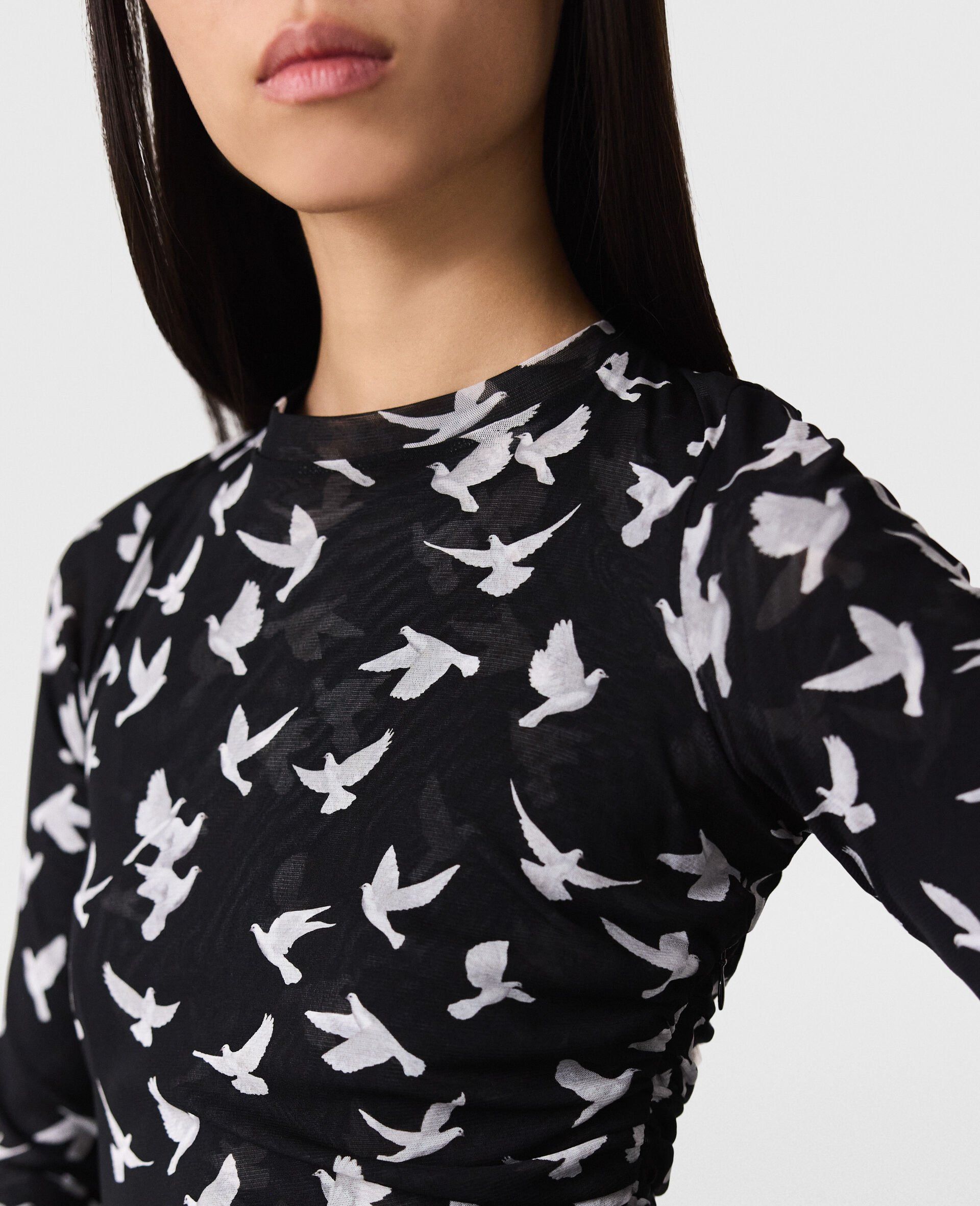Dove Print Mesh Long-Sleeve Dress - 6