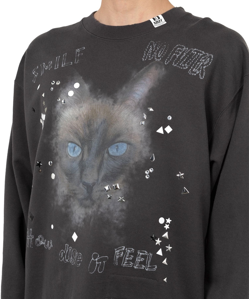 Cat Printed Embellished Distressed Sweatshirt 13