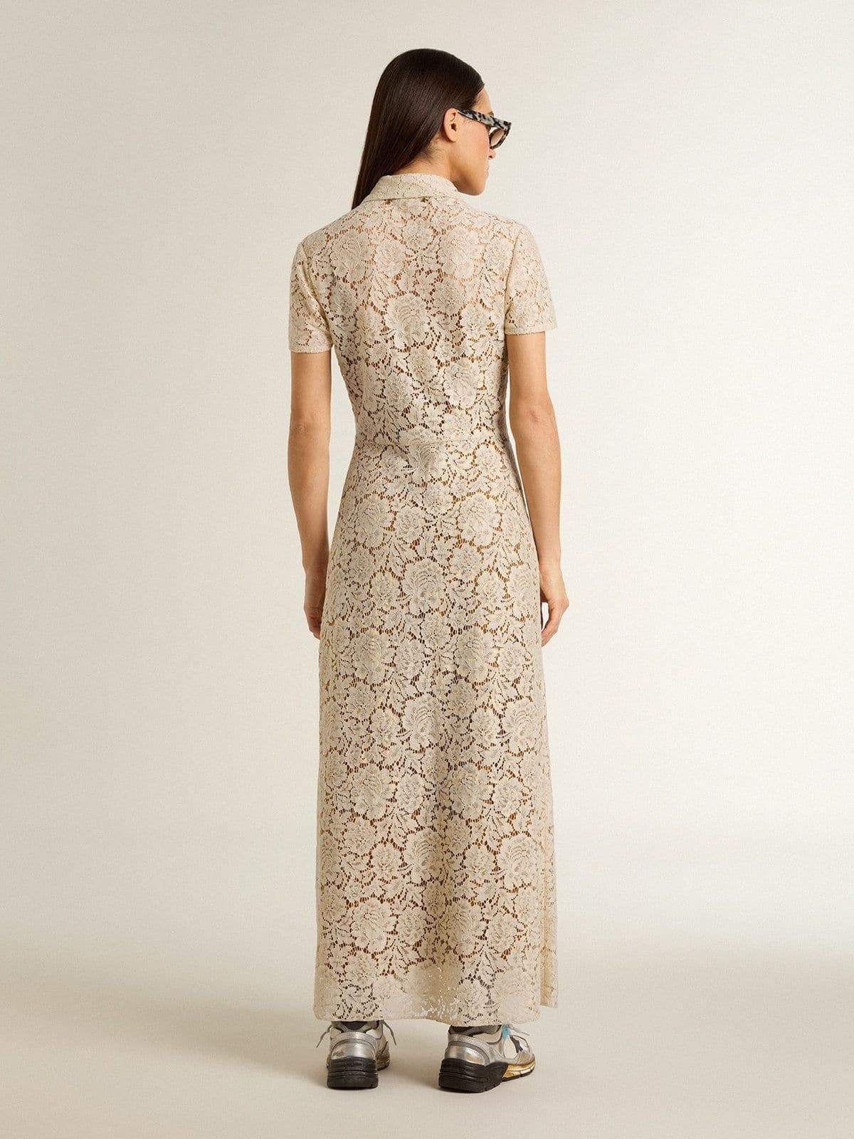 Women's midi dress in cream-colored see-through lace - 4