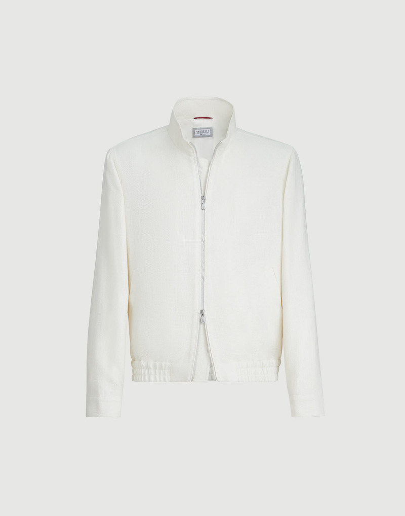 Silk, linen and wool hopsack outerwear jacket with stand collar 1