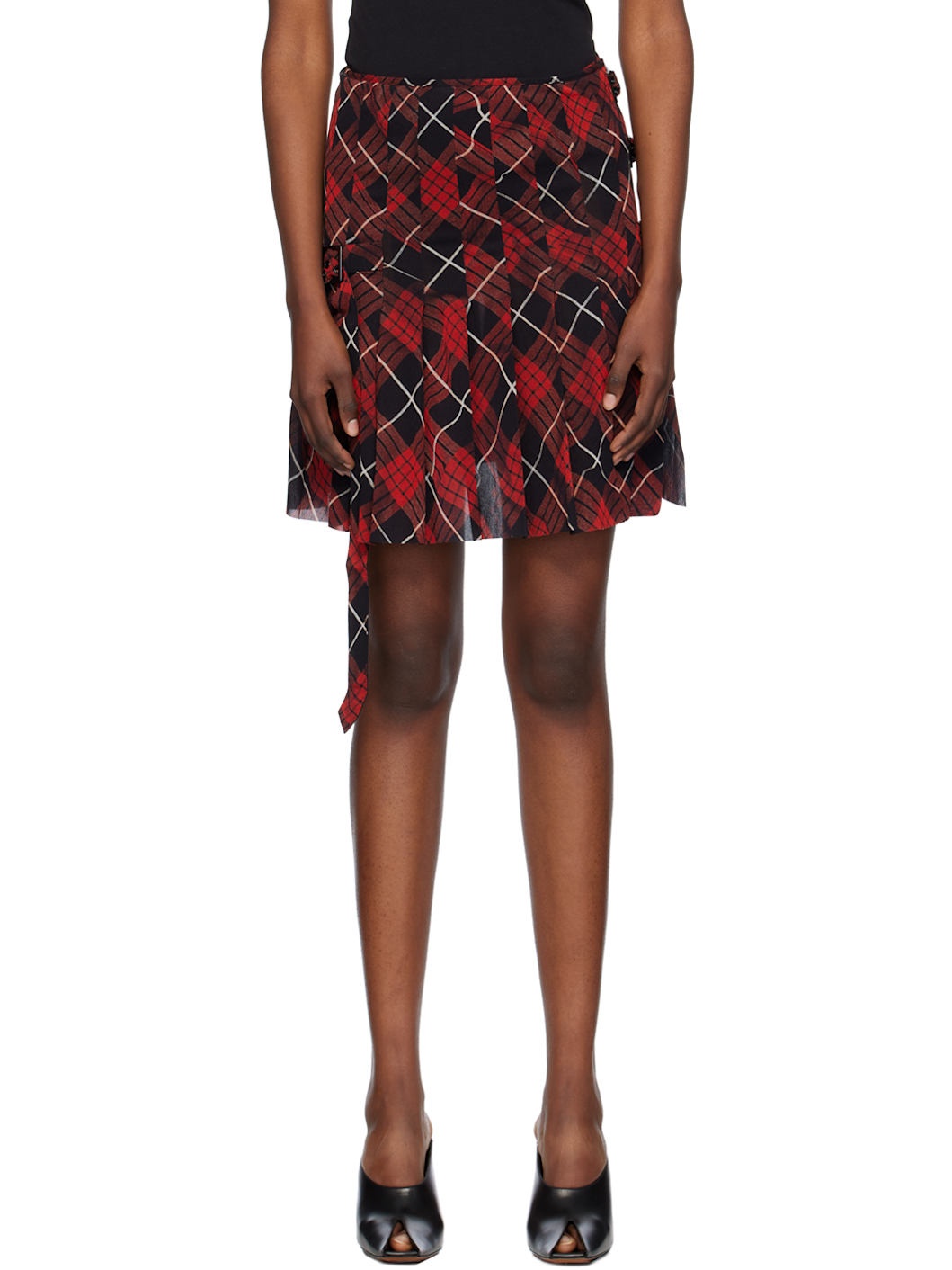 Red & Black Distorted Tartan Midi Skirt - 1