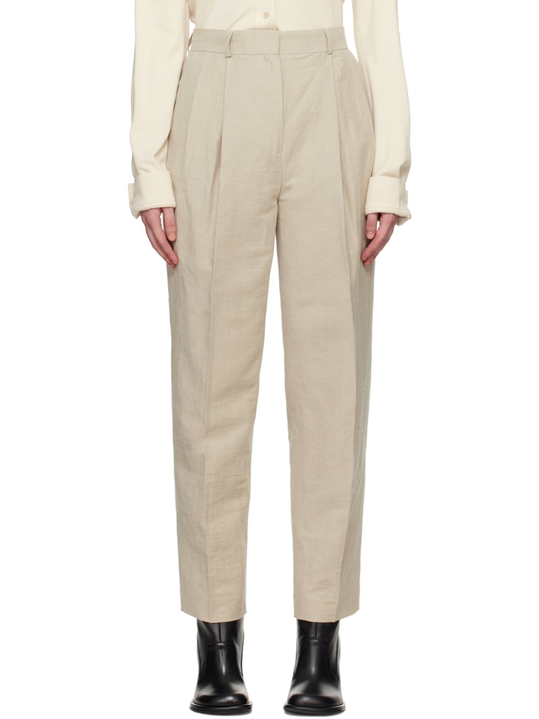 Beige Double-Pleated Trousers - 1