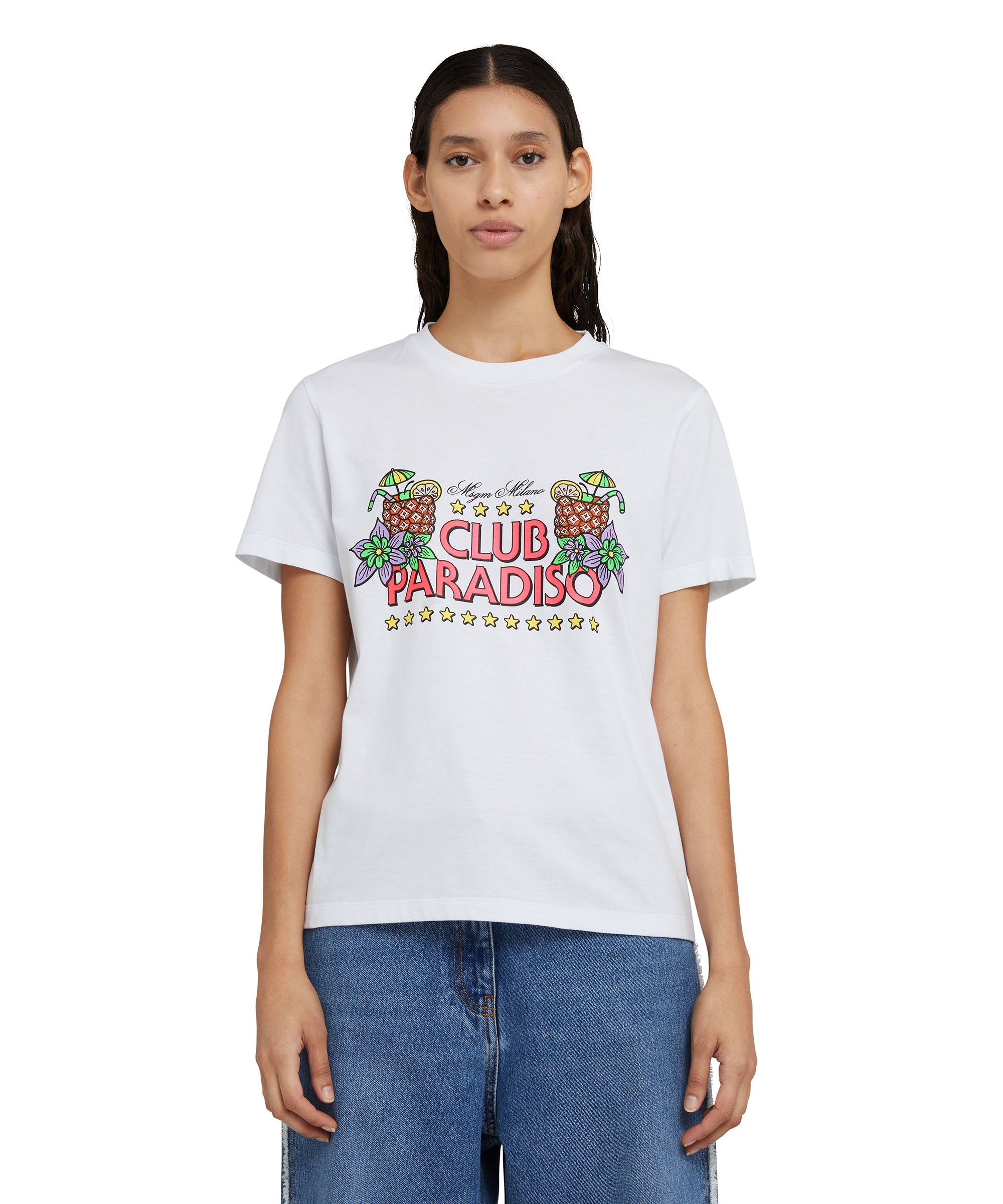Solid color cotton crewneck t-shirt with "club paradiso" graphic - 2