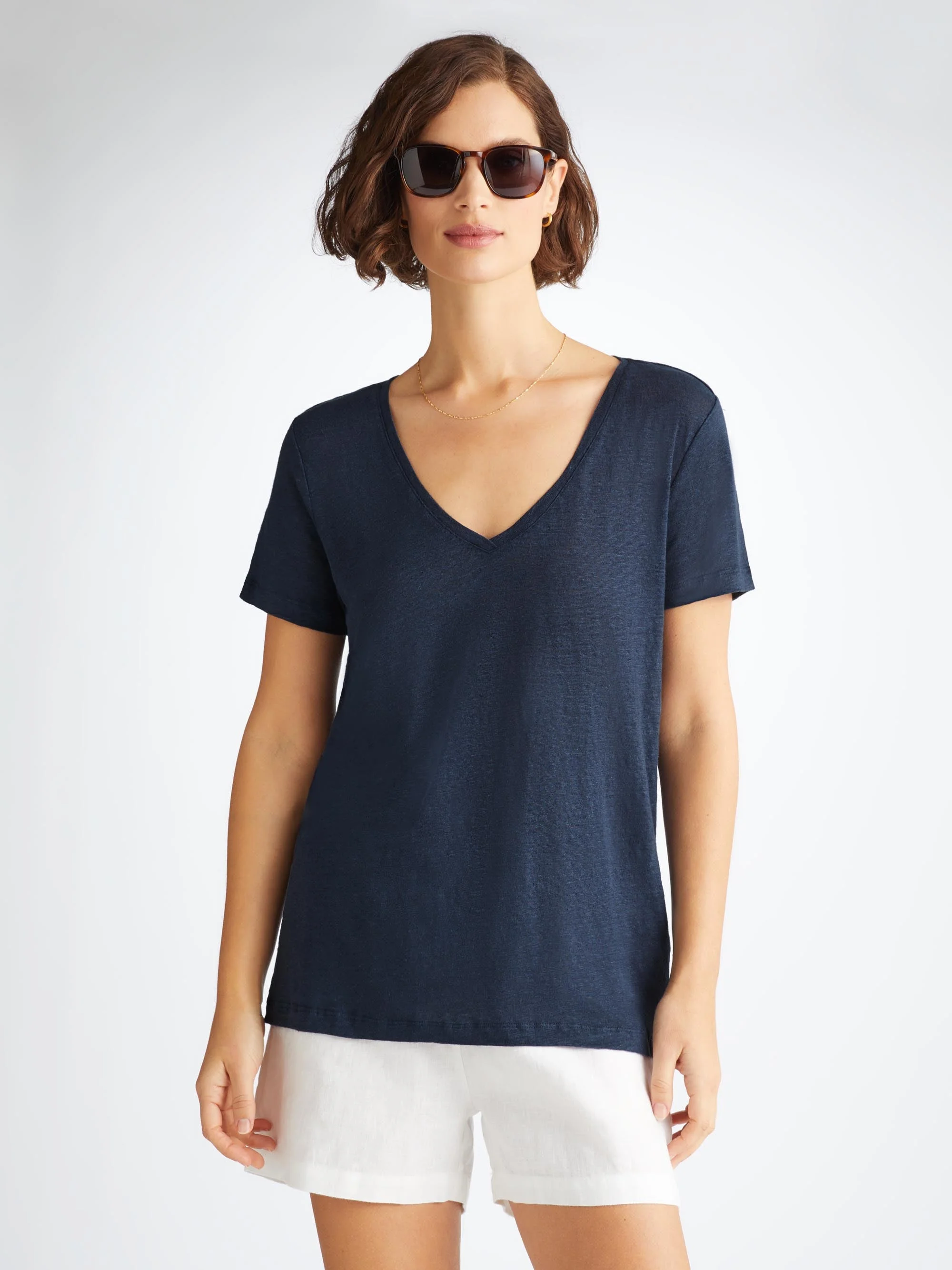 Women's V-Neck T-Shirt Jordan Linen Navy - 1