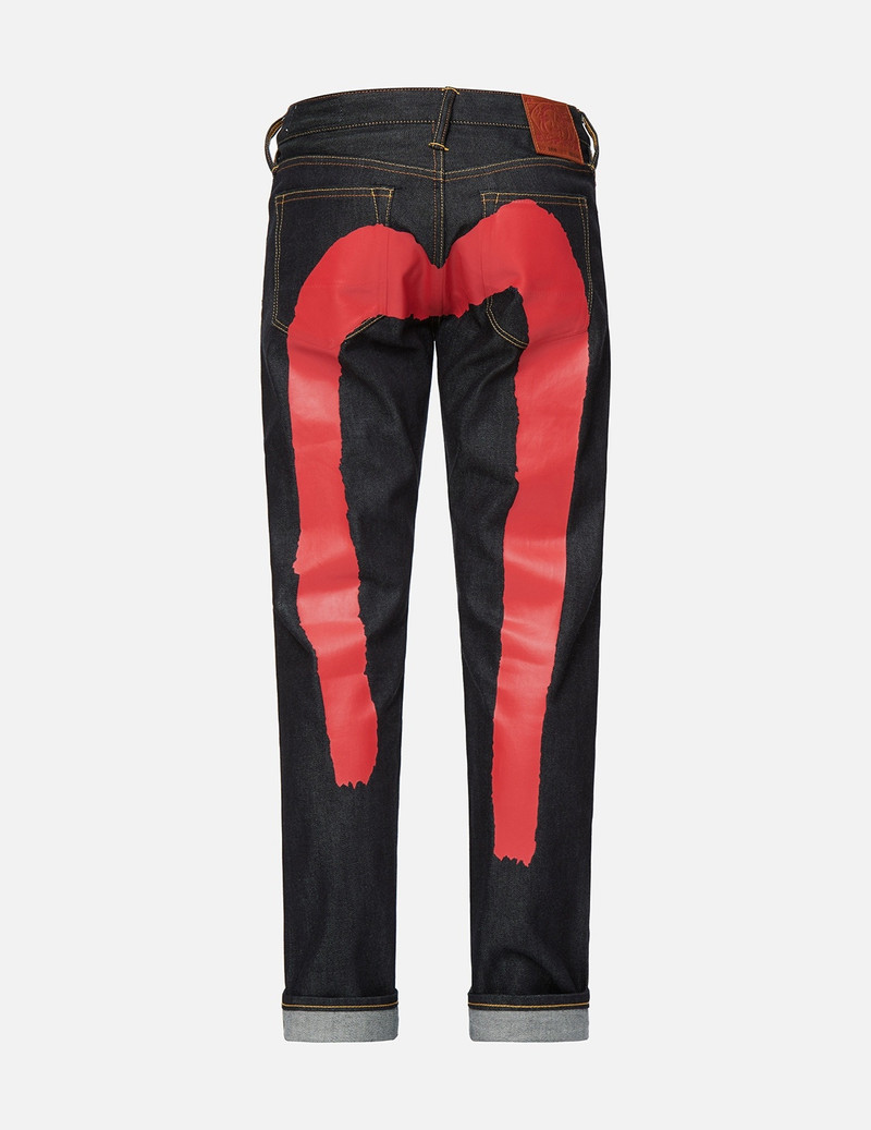 EVISU RED BRUSHSTROKE DAICOCK SLIM STRAIGHT FIT JEANS #2010 outlook