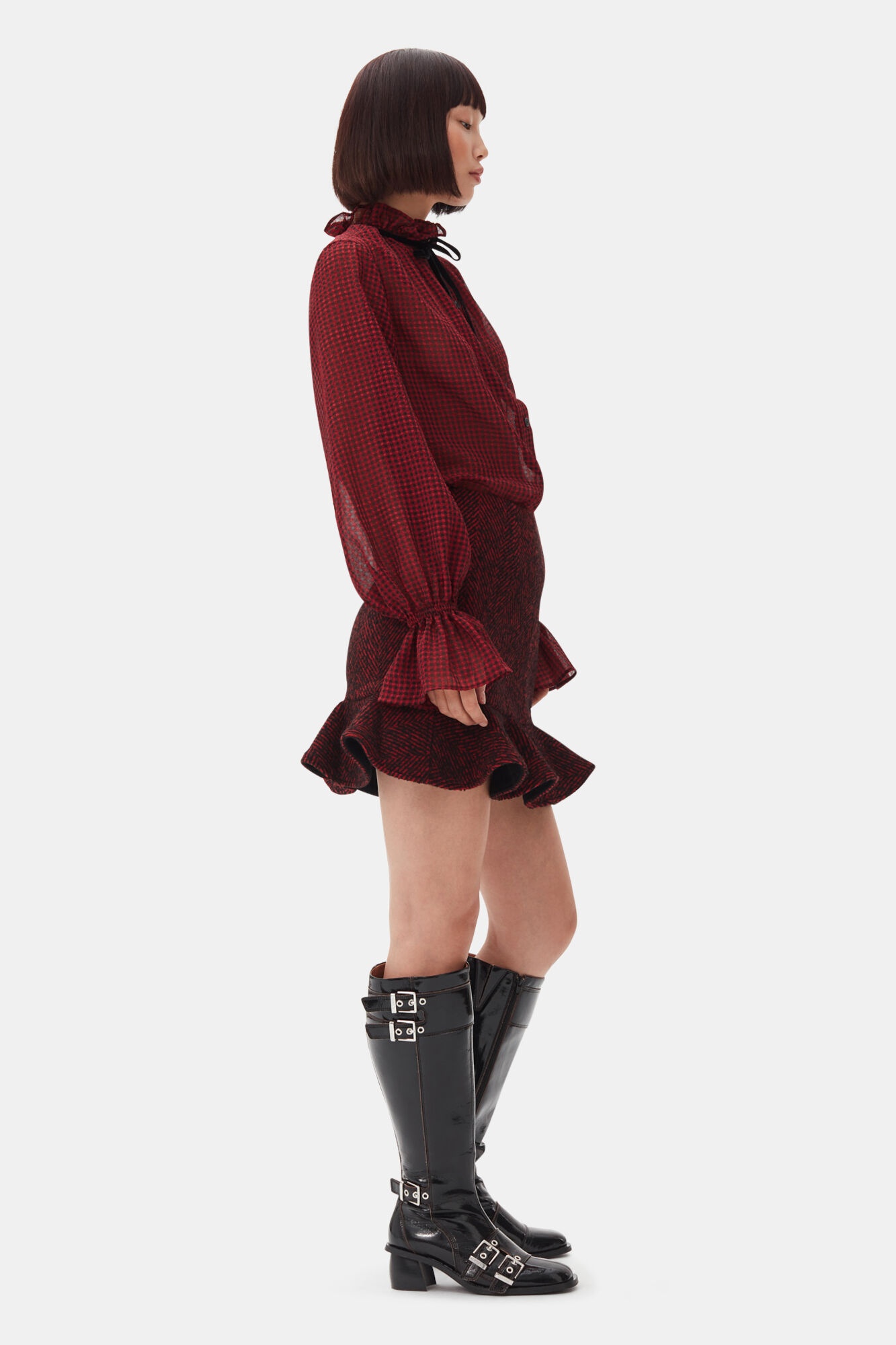 RED HERRINGBONE WOOL MINI SKIRT - 3