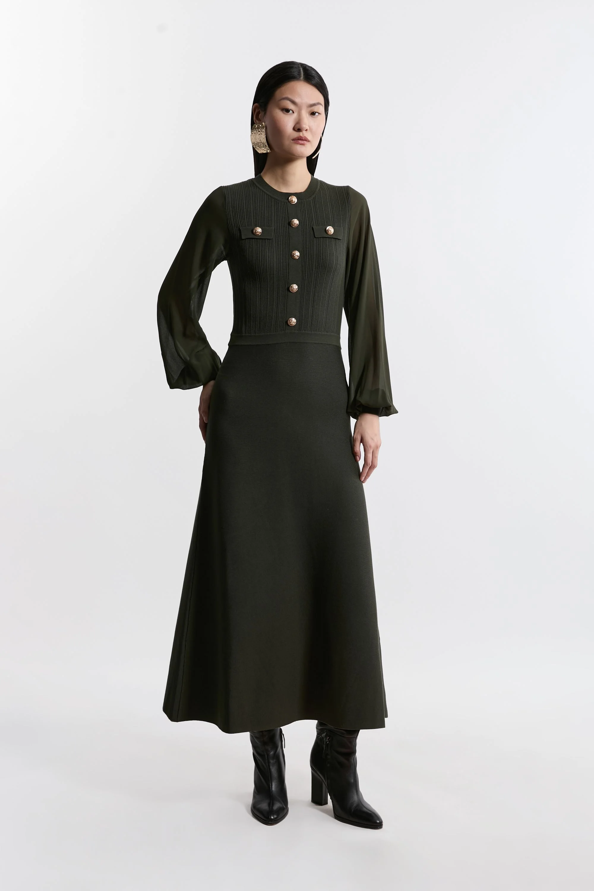 Tall Viscose Blend Maxi Knit Dress With Chiffon Sleeve Military Trim - 1