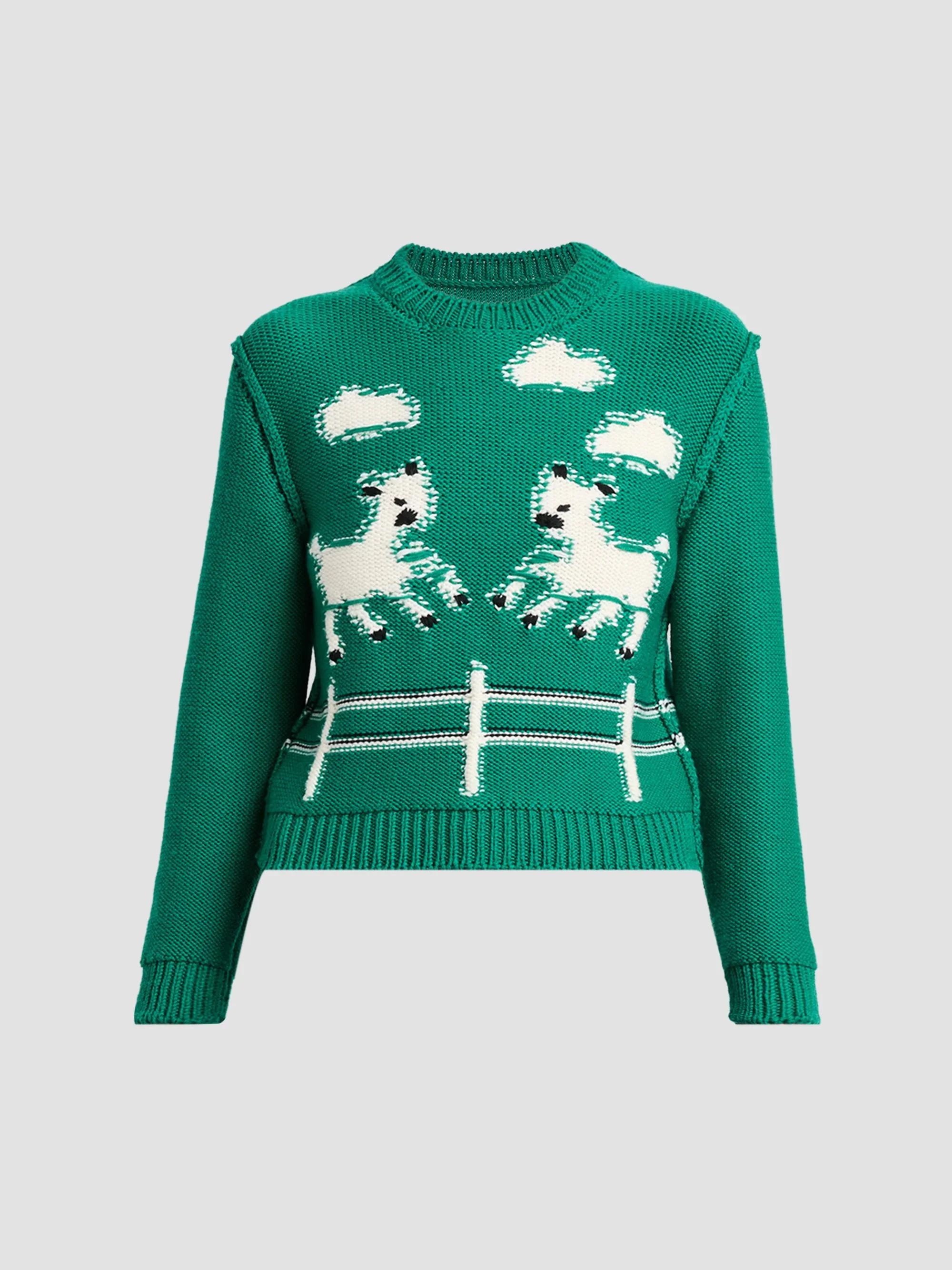 Women's Sheep Jacquard Wool Crewneck Sweater - Multi Green - 1