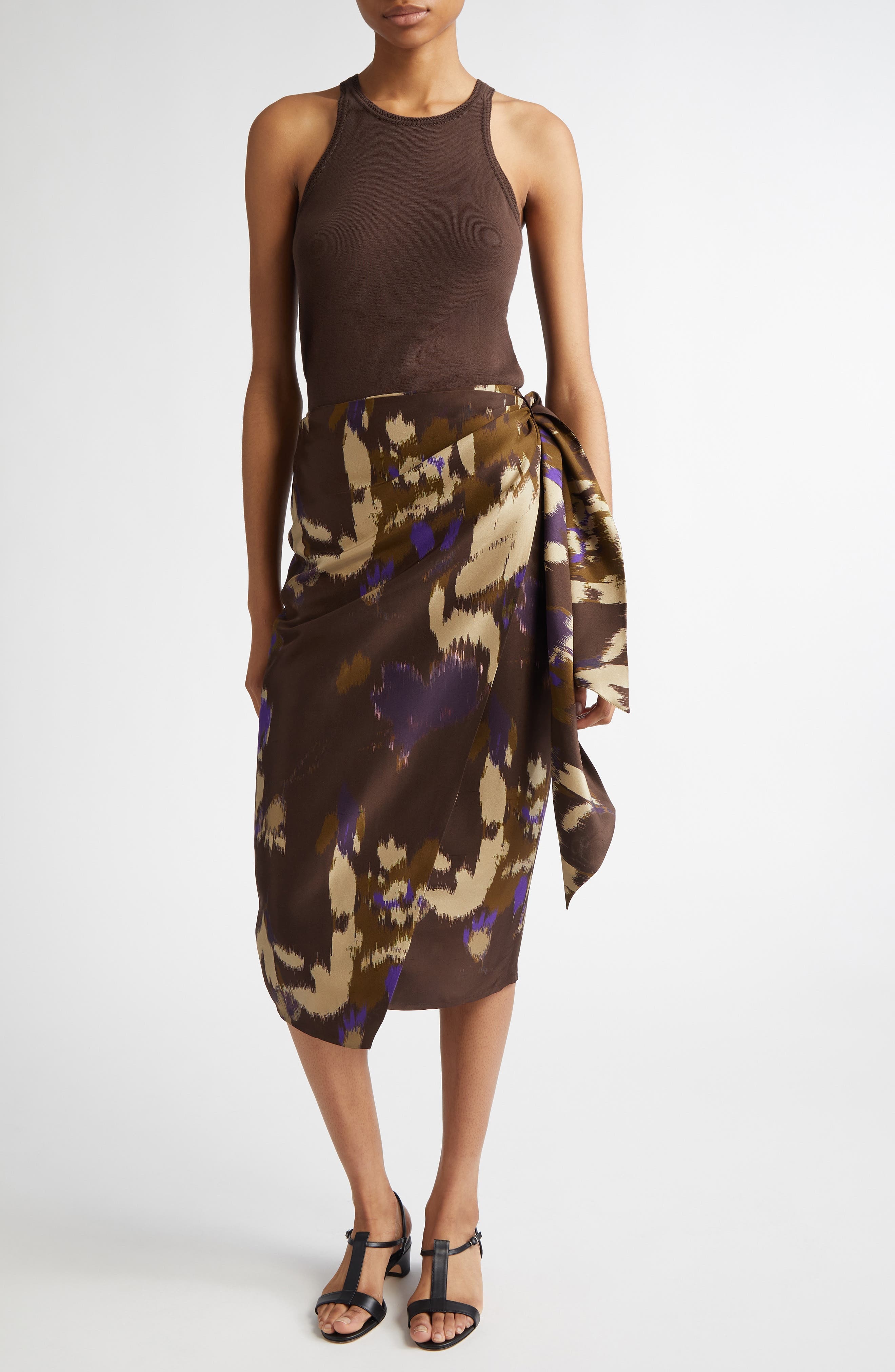Max Mara Dritto Floral Shantung Silk Wrap Skirt in Coffee at Nordstrom - 2