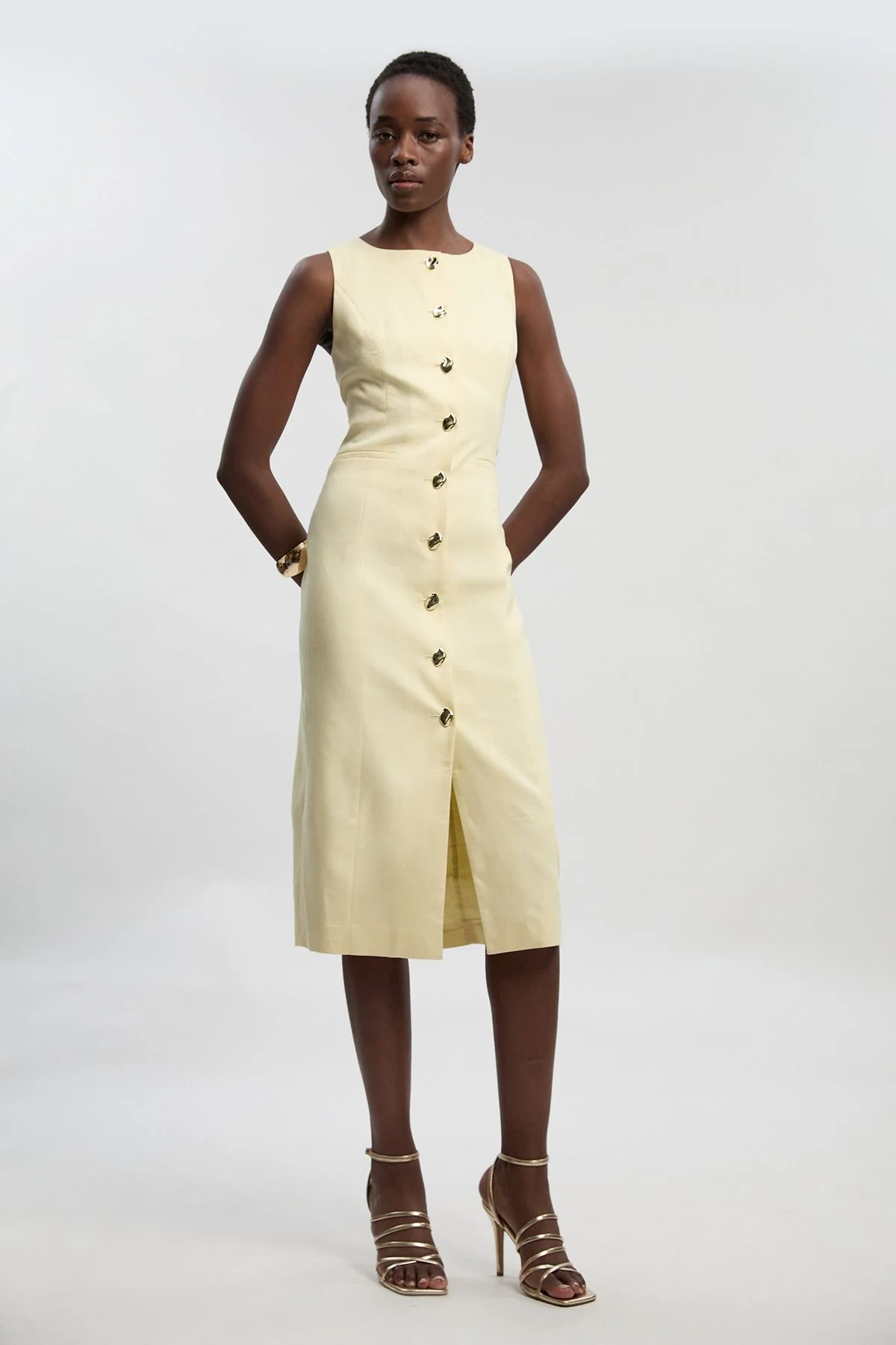 Tailored Linen Statement Button Front Pencil Midi Dress - 1
