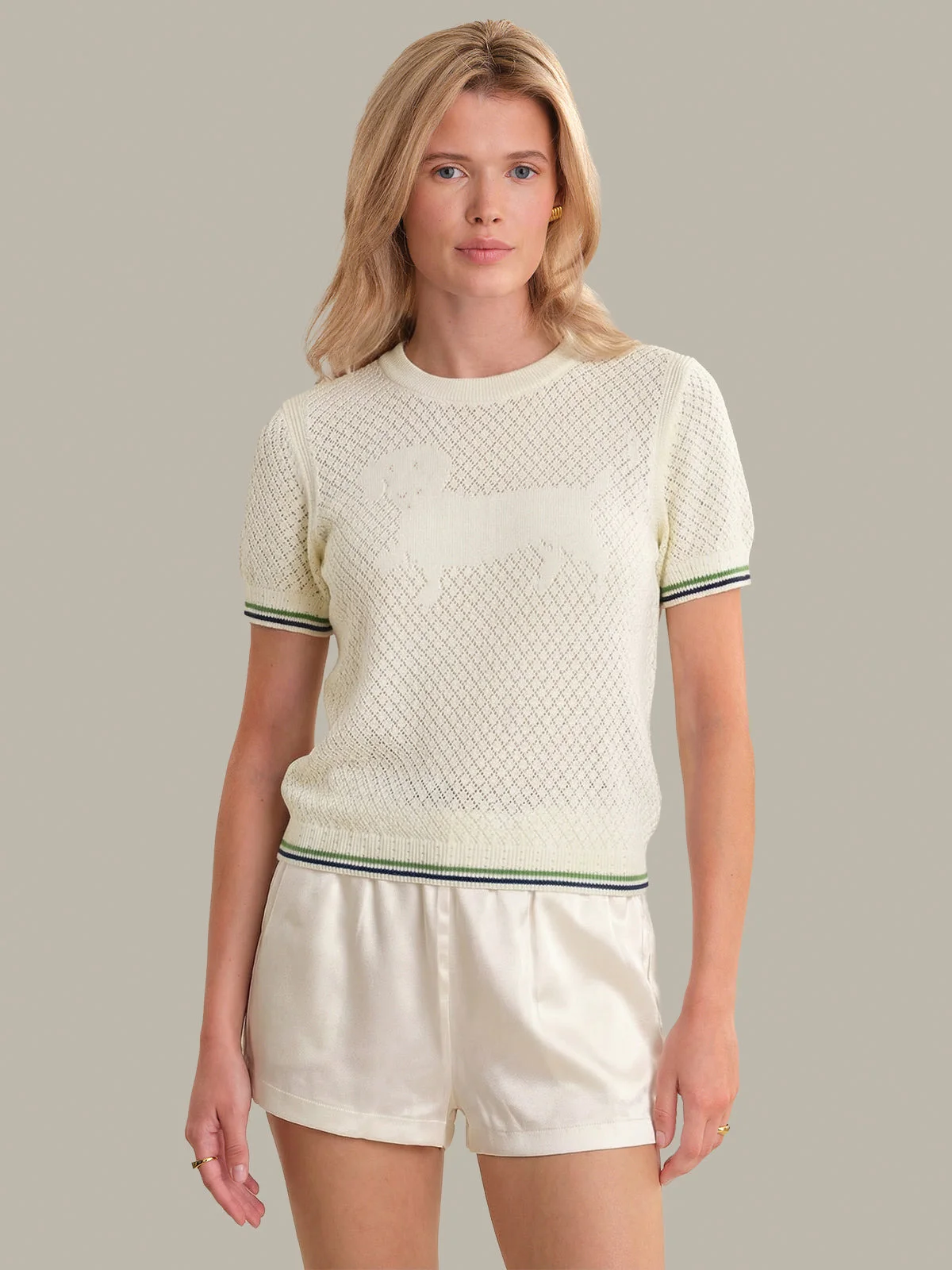 Nessa: Dog Intarsia Cotton Pointelle Sweater - 1