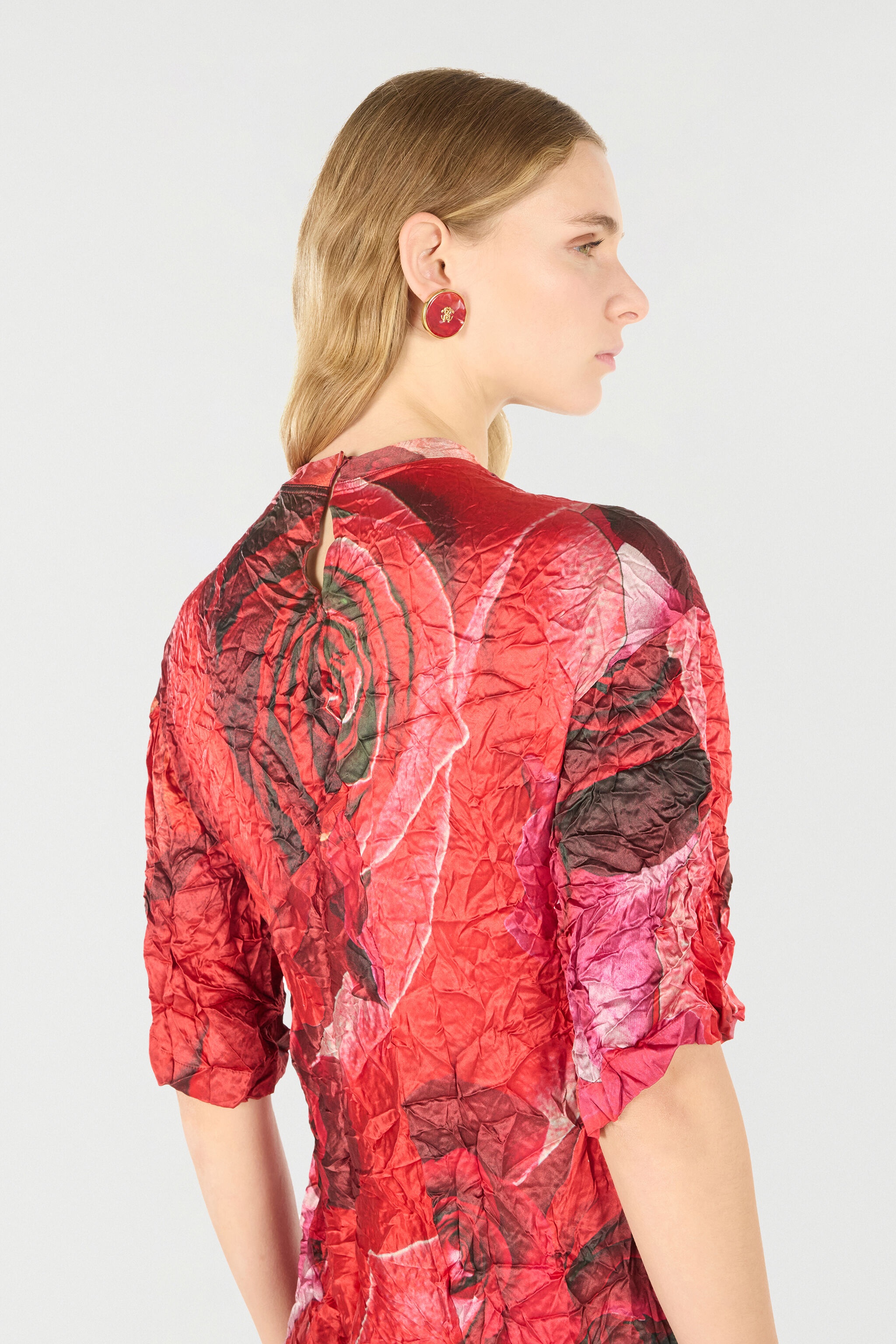 Crinkled Asymmetric Dress With Rose Print - 7