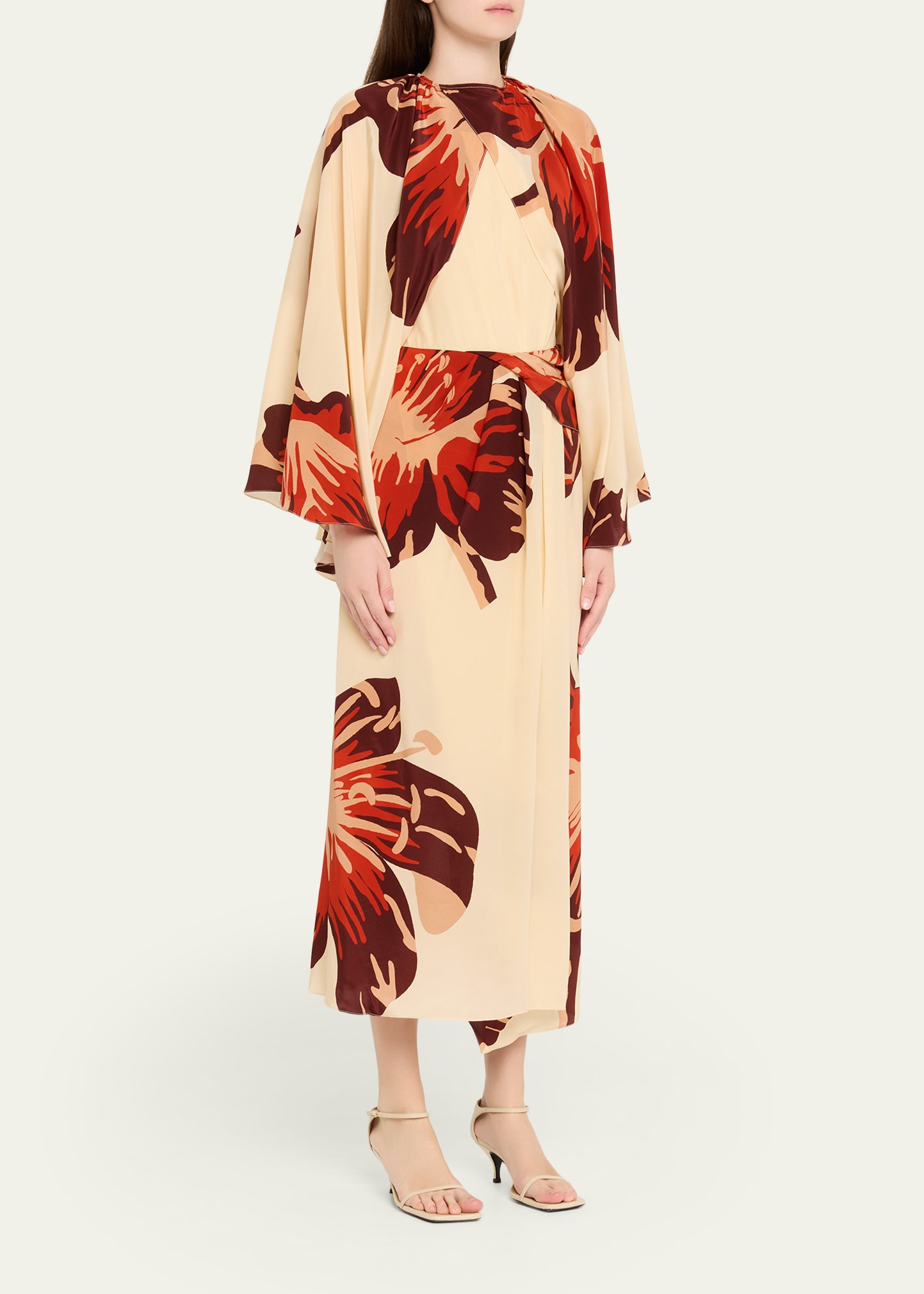 Odyssey Floral Silk Draped Long-Sleeve Ankle Dress - 4